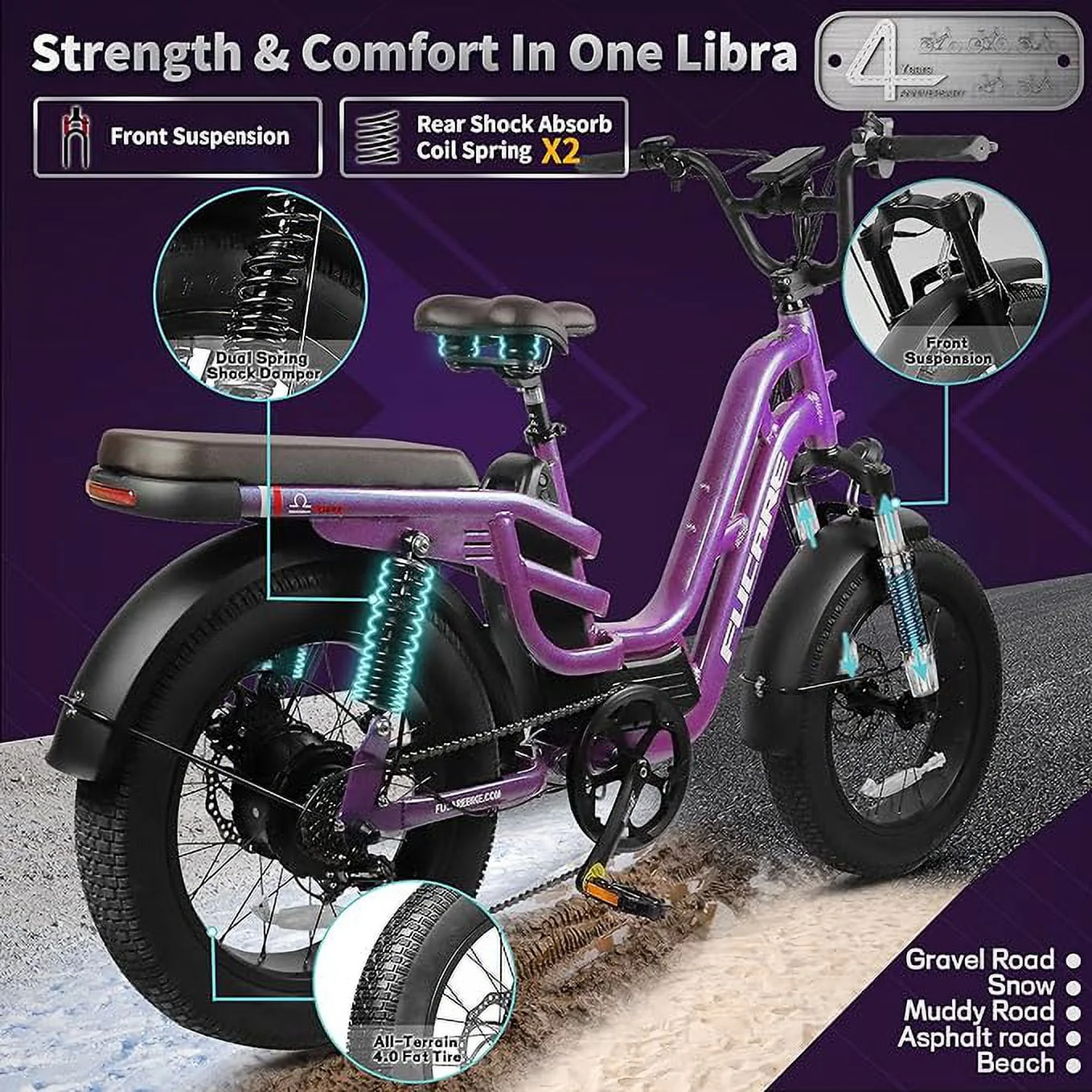 Fucare Libra 750W Electric Bike for Adults 20MPH 48V 20Ah LG Lithium Battery EBike with Full Suspension Color Display 20"*4 0" All Terrain Fat Tire 7 Speed Image 10