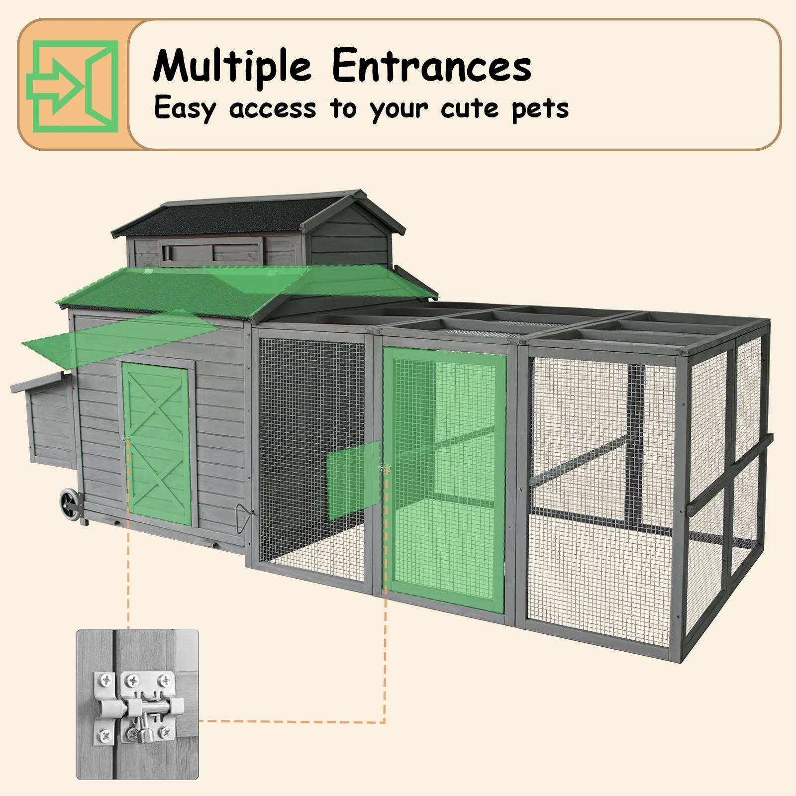 Chicken Coop for 6-10 Chickens, 112" Large Chicken Coops, with Chicken Run Nesting Box Secure Enclosure, Outdoor Wooden Hen House Hutch for Rabbit, Poultry Pet, Duck(Gray) - Image 6