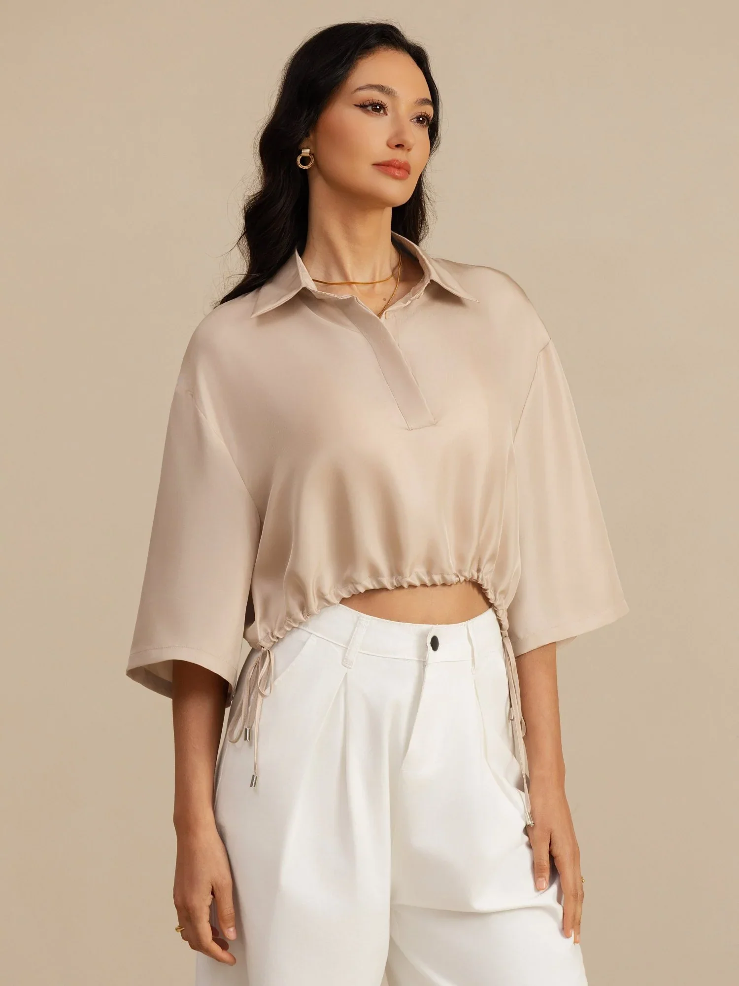 Pure Silk Women's Half Sleeve Cropped Blouse With Drawstring Hem