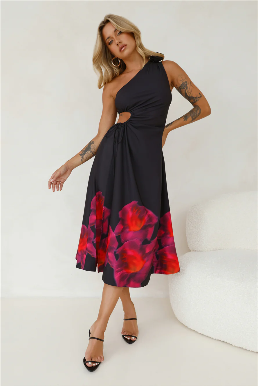 Ultimate Party One Shoulder Midi Dress Black