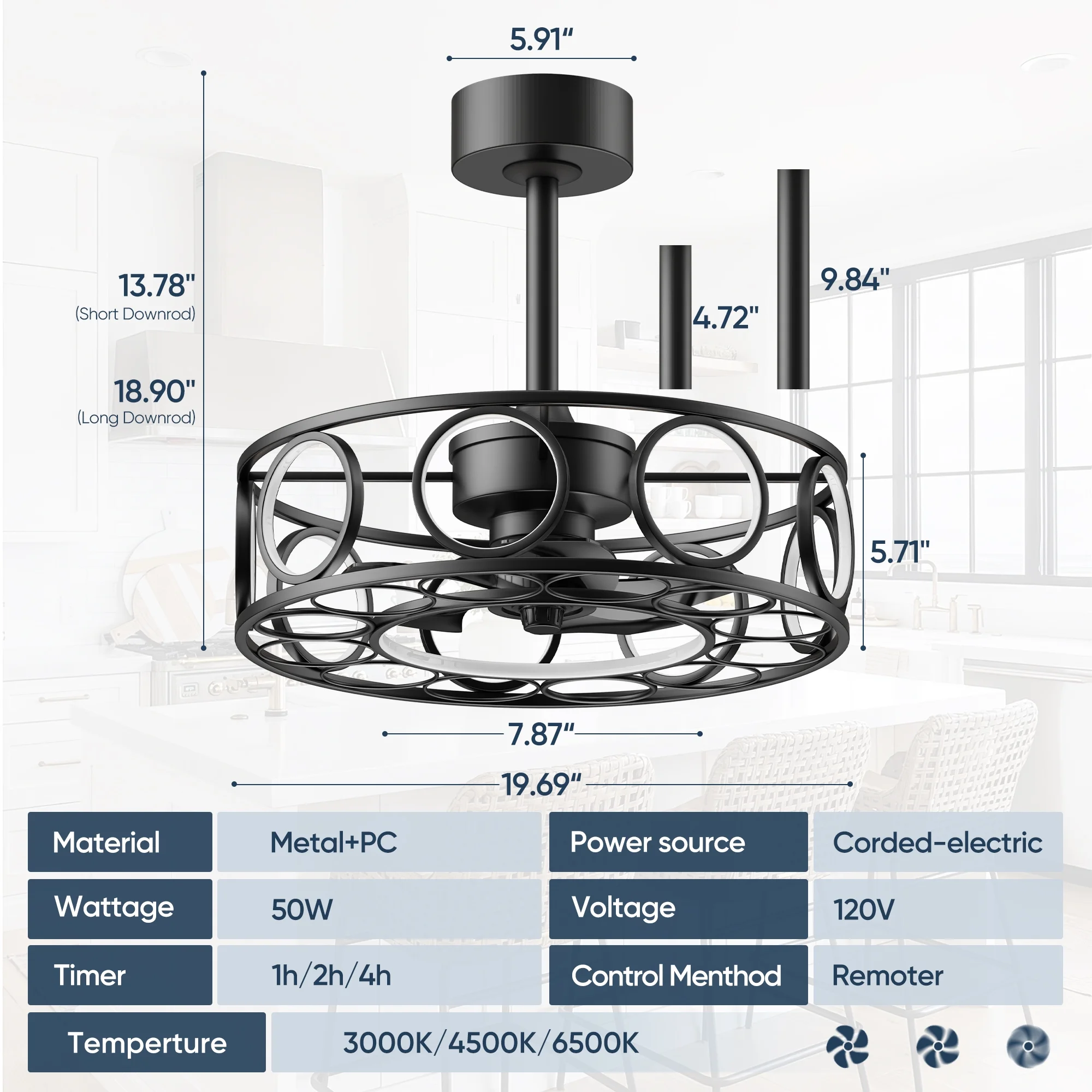 19.7" Caged Ceiling Fan with Light Remote Control, Black Modern 3 Color Temperature Pendant Light for Home & Kitchen