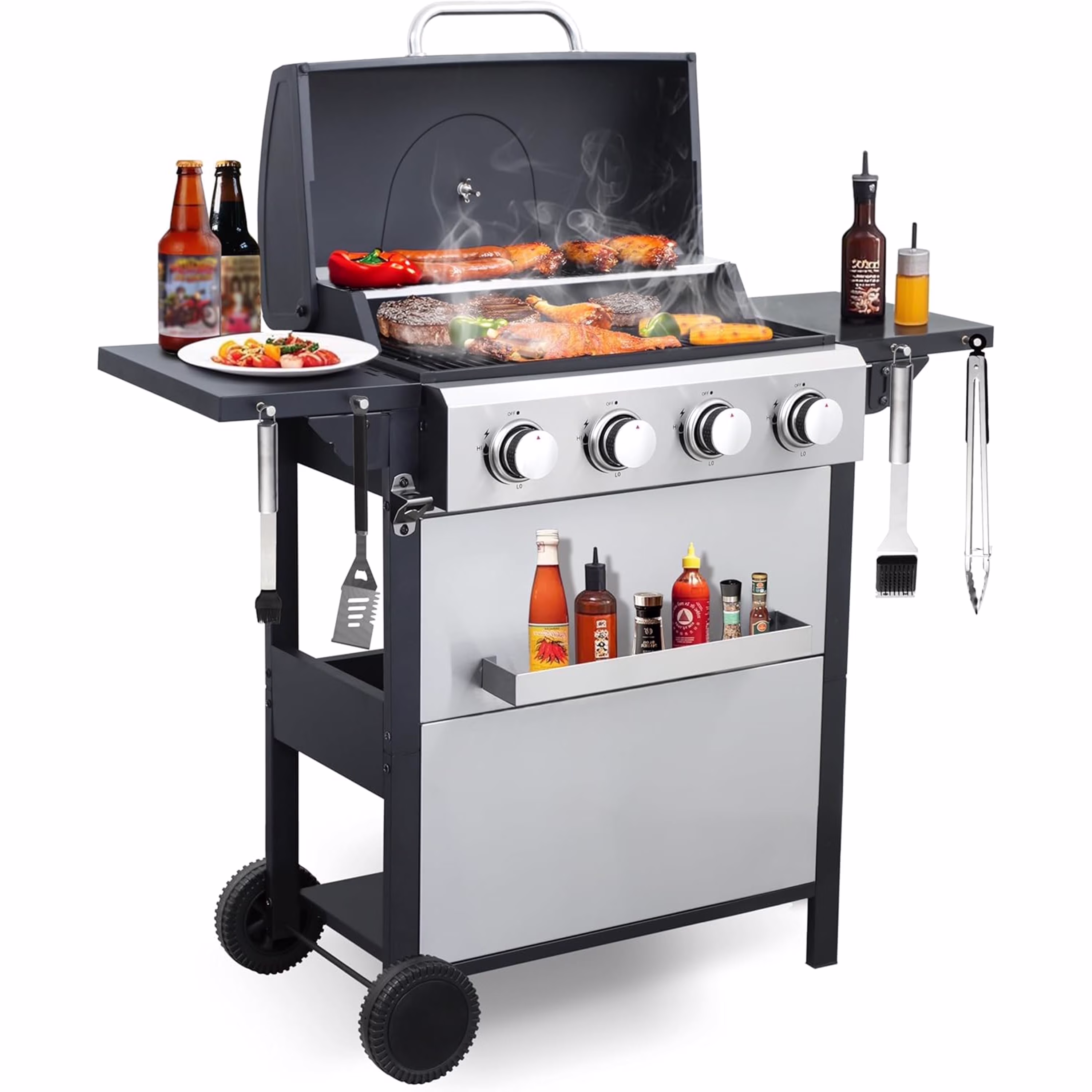 Furnibear 4 Burner BBQ Propane Gas Grill, Stainless Steel 34,000 BTU Patio Garden Barbecue Grill with Two Foldable Shelves