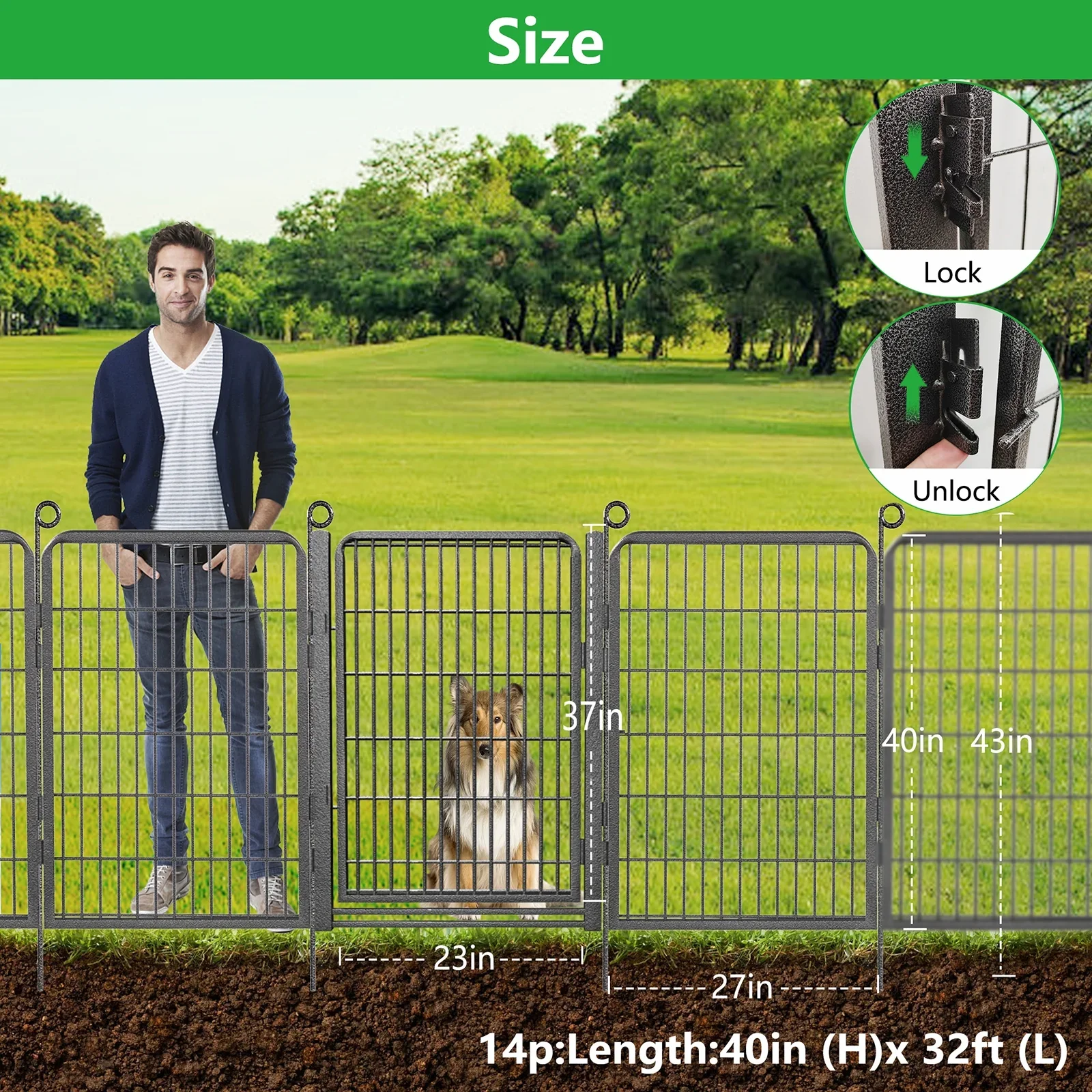 Jhsomdr Decorative Metal Garden Fence 32ft (L)��40in (H) Heavy Duty Iron Wire Fence with Gate Outdoor Animal Barrier No Dig Garden Fencing for Yard Landscape