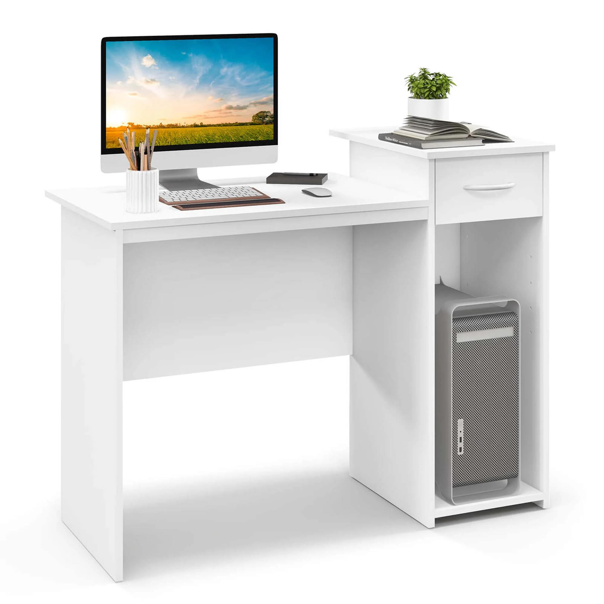 Costway Computer Desk with Drawer Modern Laptop PC Desk with Adjustable Shelf & Cable Hole