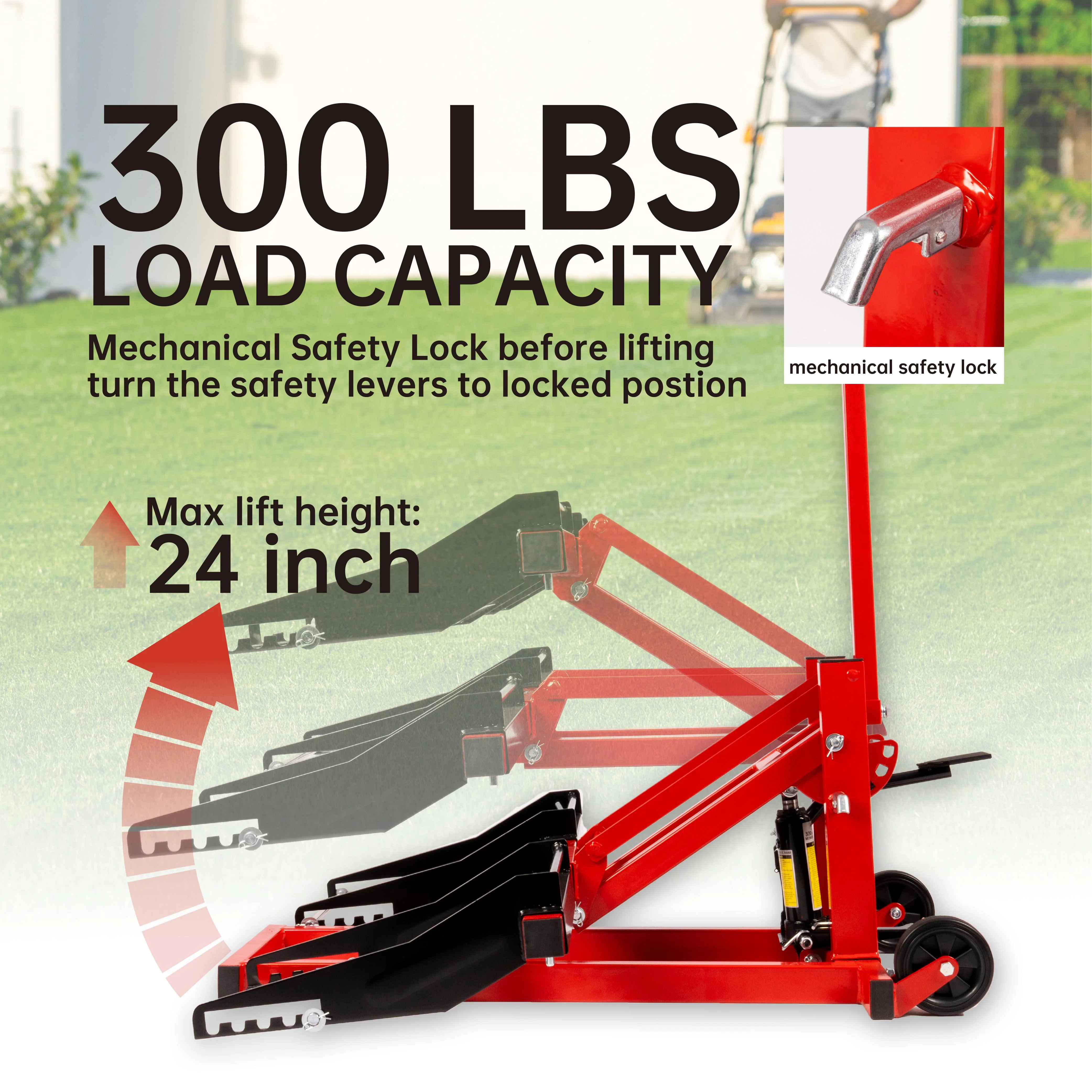 300 lb Capacity, Adjustable Riding Lift Jack Heavy Duty Construction with Safety Lock, Non - Slip Wheels&Handle for Tractors, Atvs and Zero Turn Lawn Mowers