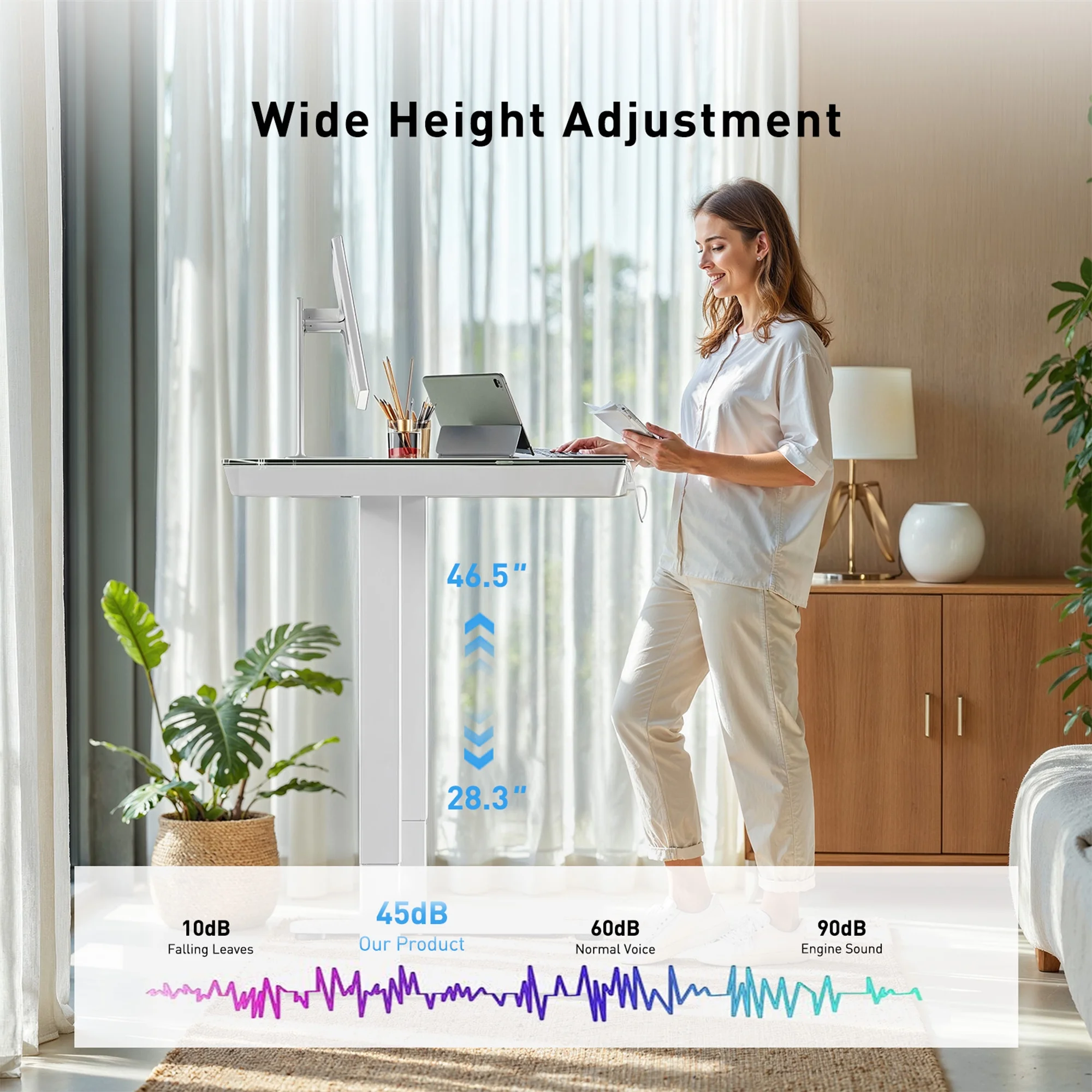 Glass Top Electric Standing Desk with Drawer, 48'' x 24'' Electric Height Adjustable Desk with USB Charging Ports, Sit Stand up for Home Office(48" x 24"/White Glass-top) - Image 7