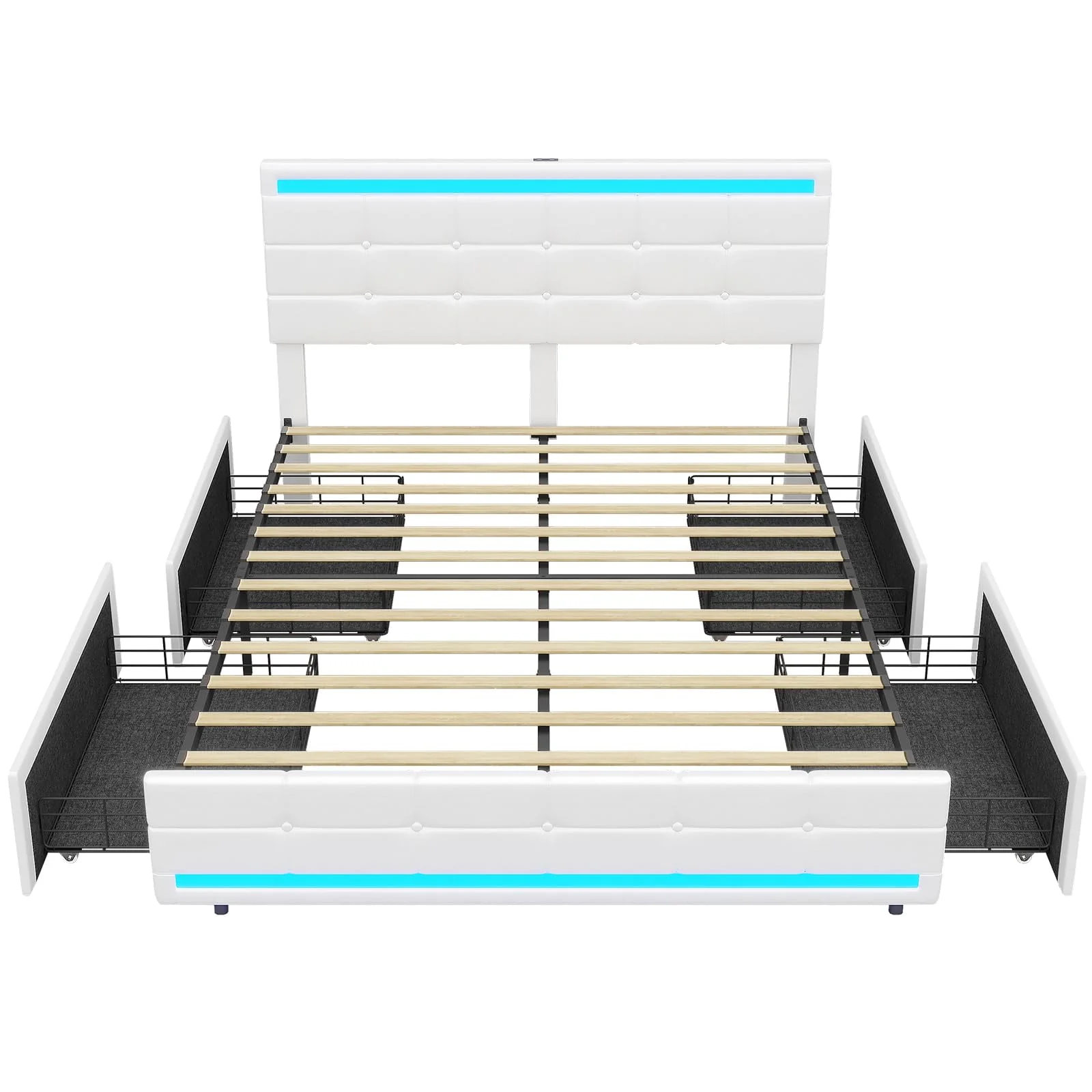 Queen Platform Bed Frame with 4 Drawers Storage and Headboard, Pu Leather Upholstered LED Bed Frame with 2 USB Charging Station Wood Slat Support,White(Queen Size/Black) Image 8