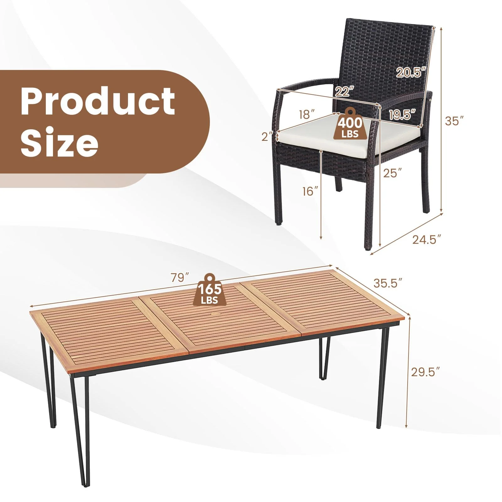 Tangkula 9 Pieces Patio Rattan Dining Set with Acacia Wood Table