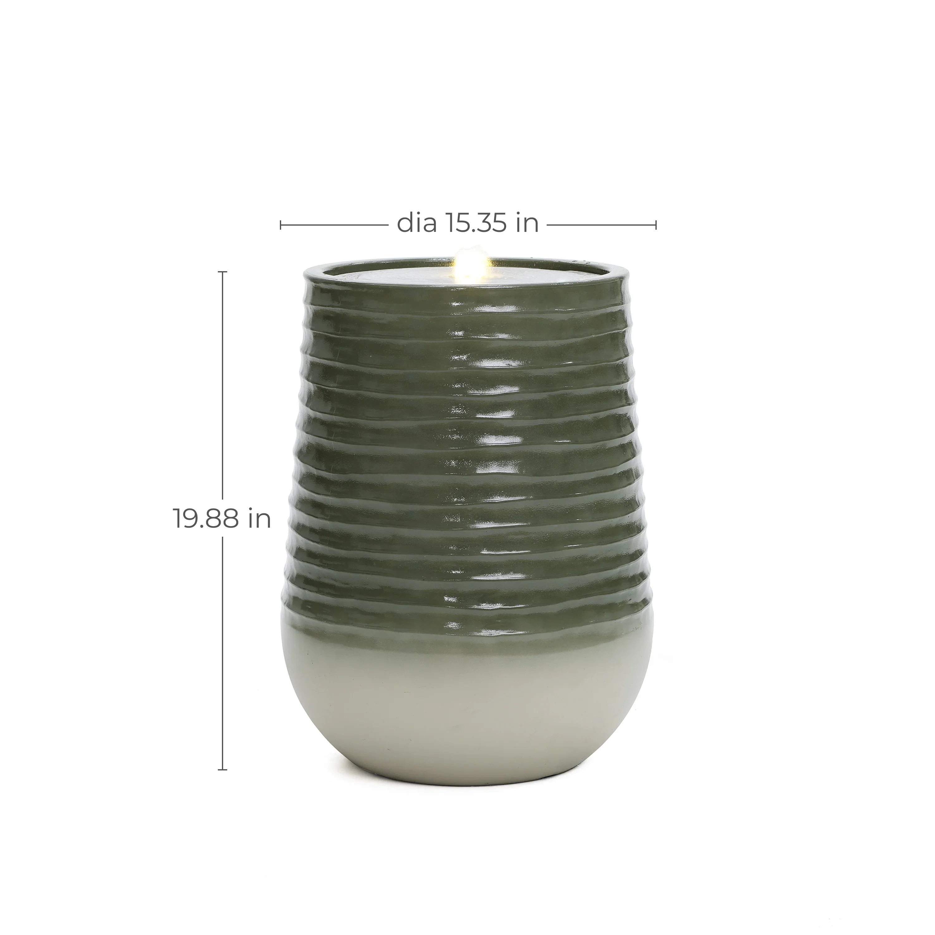 LuxenHome 20 Resin Lighted Garden Bubbling Water Fountain with Emerald Ribbed Top and Ivory Bottom