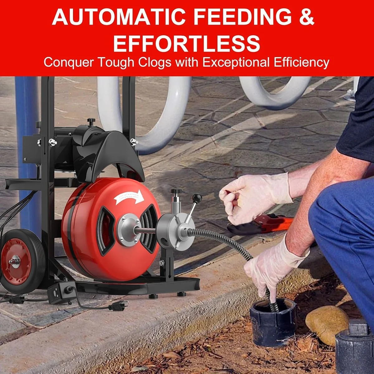 75 FTx1/2 Inch Drain Cleaning Machine, Auto Feed Sewer Snake Drill with Wheels, Pipe Spiral Cleaner with 4 Cutters and Pneumatic Foot Switch, for 2" to 4" Pipes(75Ft x 1/2) - Image 7