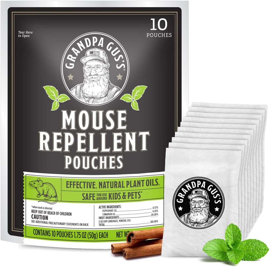 Grandpa Gus's Mouse Repellent Pouches, Natural Peppermint Oil, 10 Pouches| Cinnamon & Peppermint Oil Helps Repel Mice from Nesting in Home/Cabin/Boat/Car Storage/RV/Machinery/Shed, Kid & Pet Safe