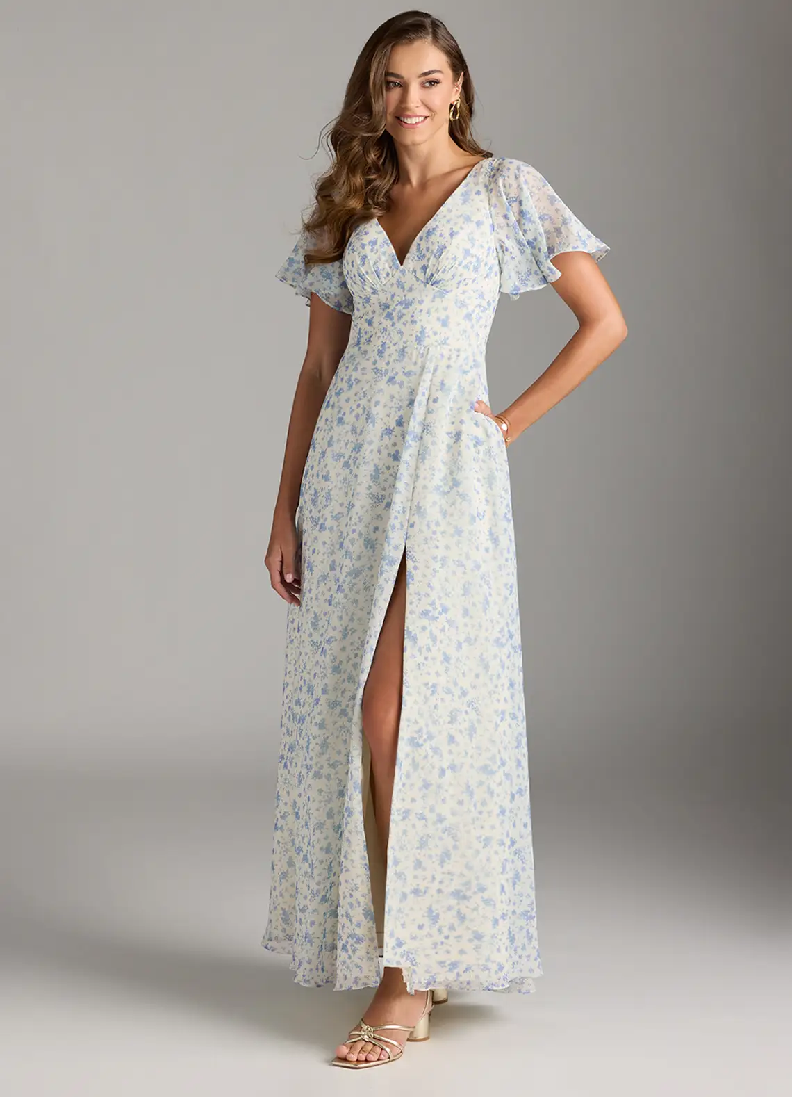 Blue And White Ditsy Floral A-Line Flounce Sleeve Chiffon Dress
