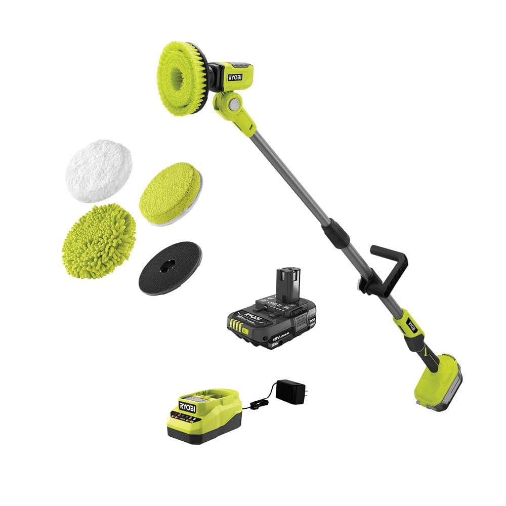 One+ 18V Cordless Telescoping Power Scrubber Kit with 2.0 Ah Battery, Charger, and 6 in. 4-Piece Microfiber Cleaning Kit