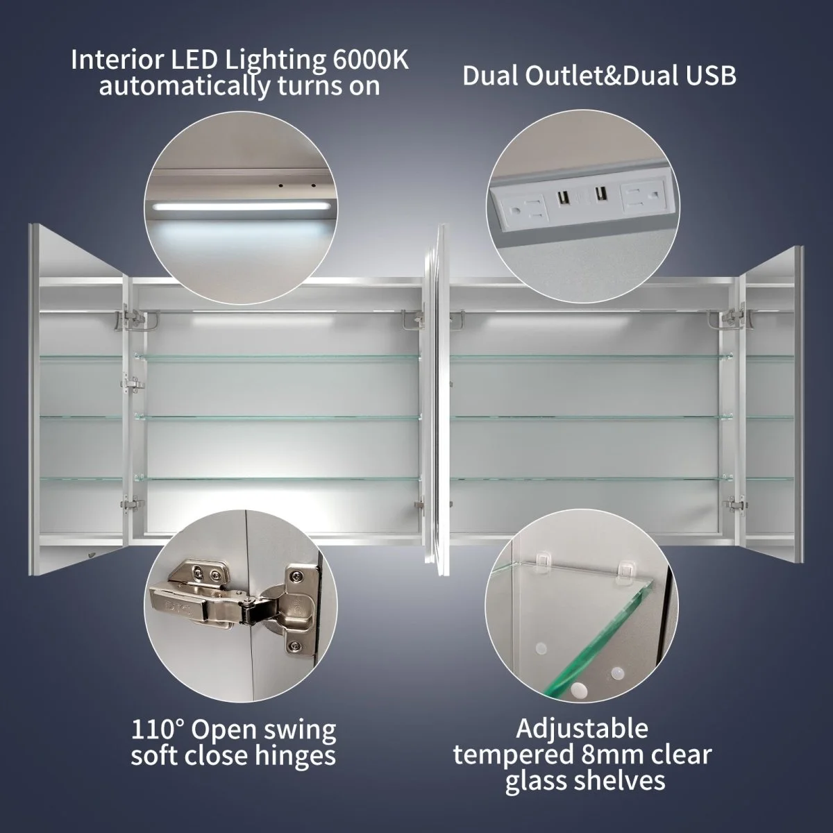 Rim 72" W x 32" H Lighted Medicine Cabinet Recessed or Surface LED Medicine Cabinet with Outlets USBs - Image 9