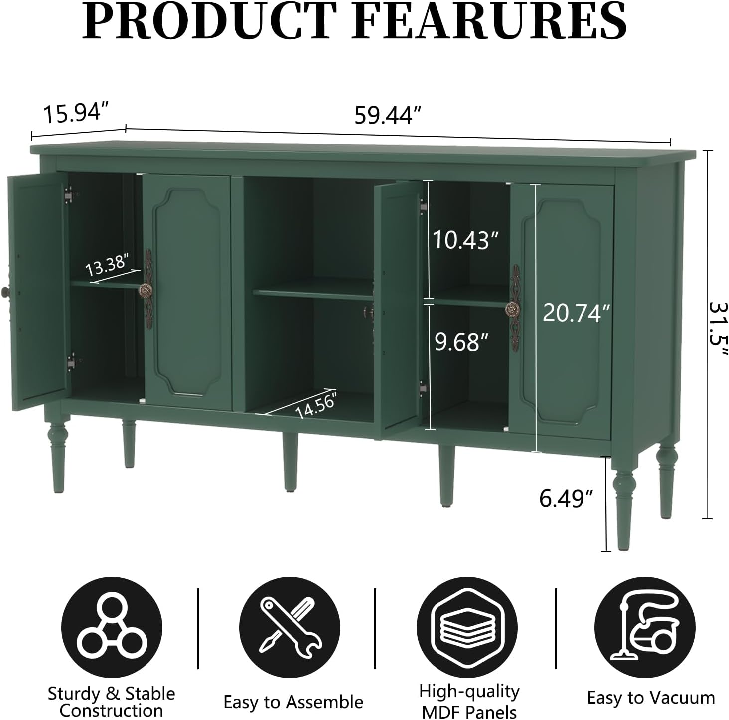 Vintage Buffet Sideboard Cabinet with 4 Doors, 59