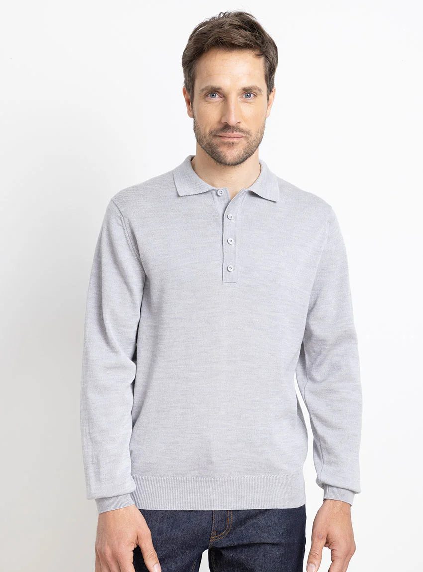 Pull homme col polo en laine gris givré