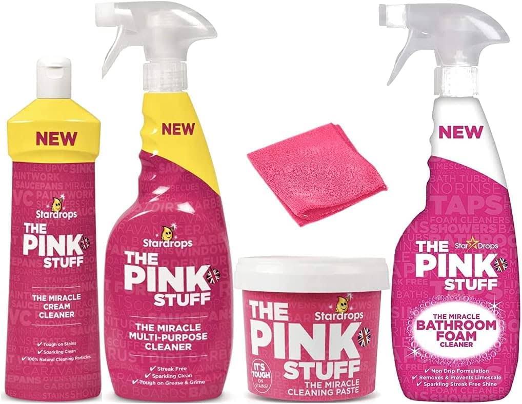 The Pink Stuff - The Miracle Cleaning Paste, Multi-Purpose Spray, Cream Cleaner, Bathroom Foam and 1 Microfiber Cloth Bundle