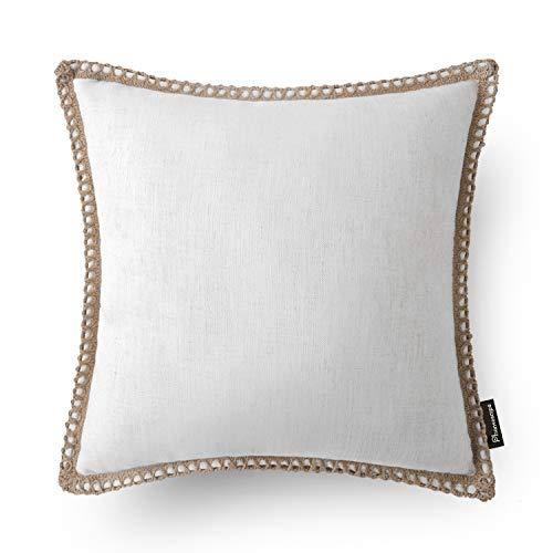 Phantoscope Pack of 2 Farmhouse Decorative Throw Pillow Covers Burlap Linen Trimmed Tailored Edges Off White 18 x 18 Inches