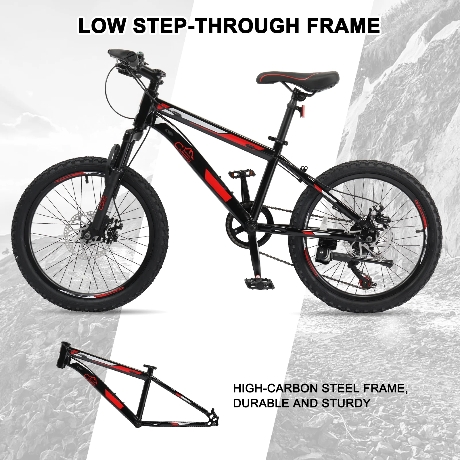 20" Mountain Bike, 7 Speed Bike with Disc Brakes, Black(Black) - Image 7