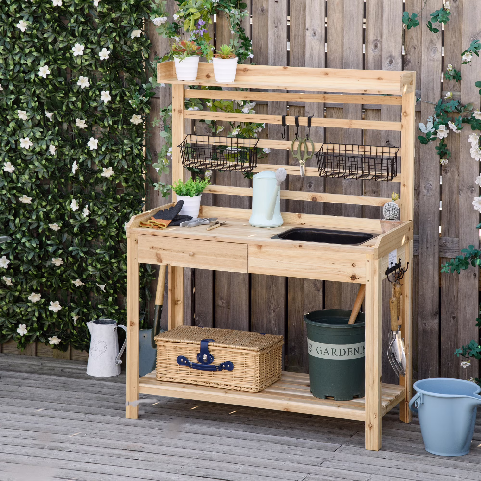 Potting Bench Table, Garden Work Bench, Workstation with Metal Sieve Screen, Removable Sink, Additional Hooks and Baskets for Patio, Courtyards, Balcony, Natural(Natural wood finish)