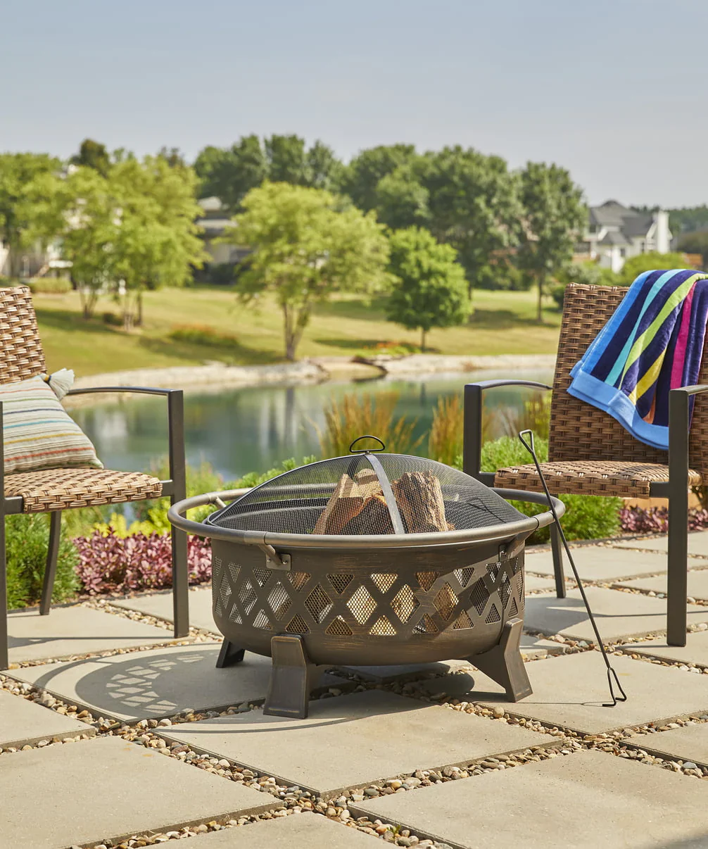 Better Homes & Gardens 35 Round Lattice Wood Burning Fire Pit with Cover, Antique Bronze