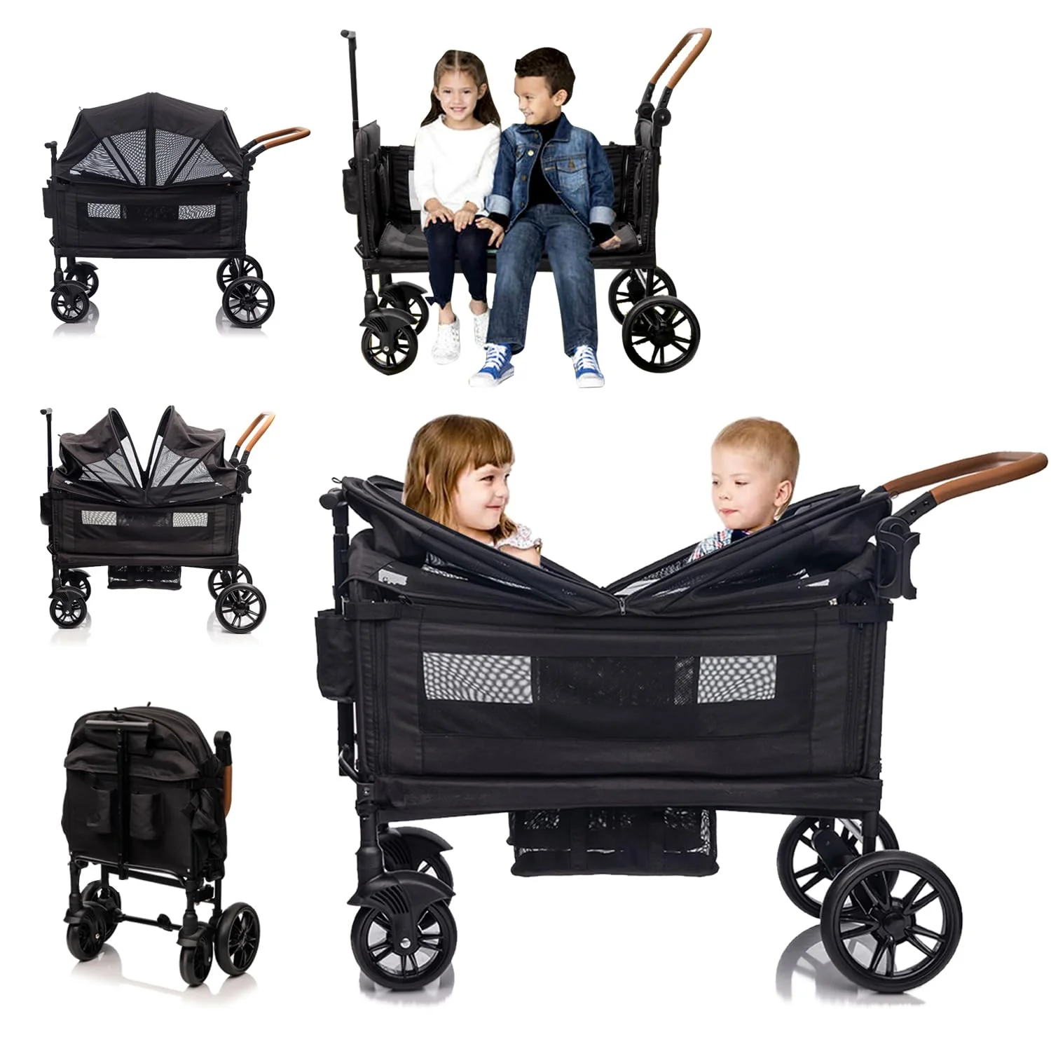Poussette-wagon pour 2 enfants et poussette de voyage cargo - Poussette double légère et pliable pour nouveau-né et tout-petit avec harnais 5 points, guidon et capote réglables, tablette et porte-gobelet