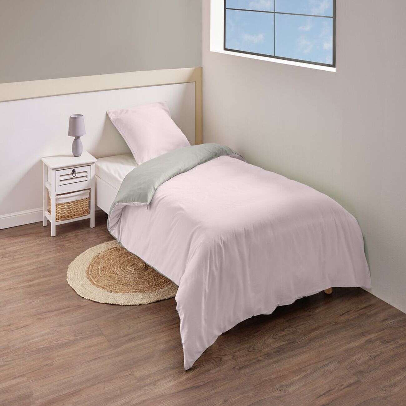 Parure de lit 1 place réversible beige et rose 140x200cm