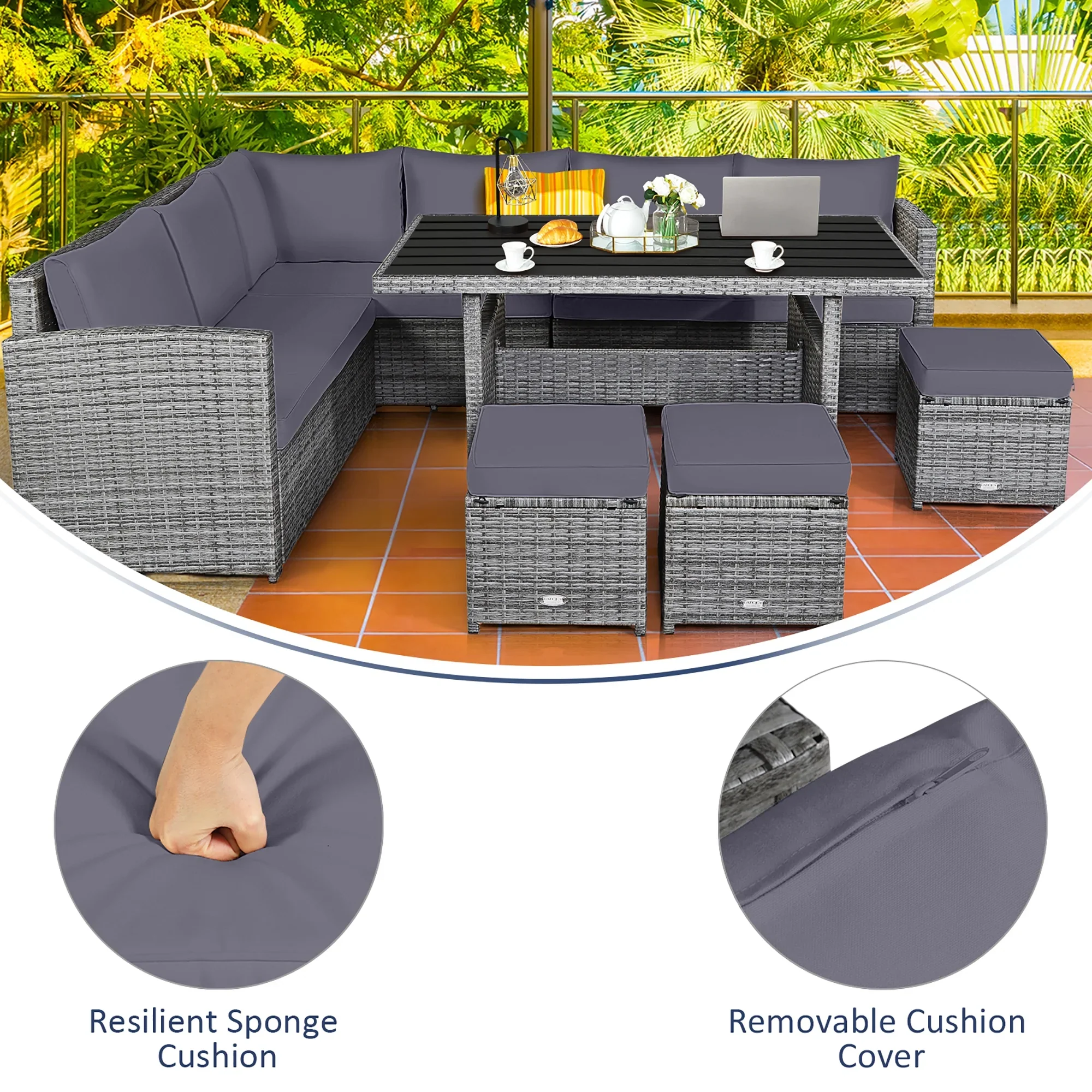 Costway 7 PCS Patio Rattan Dining Set Sectional Sofa Couch Ottoman Garden Red