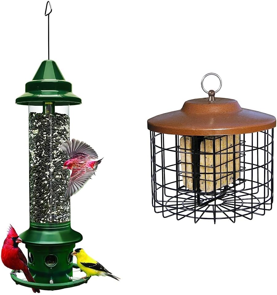 Squirrel-Proof Bird Feeder, Green & Squirrel Buster Suet Squirrel-Proof Suet Bird Feeder w/2 Suet Cake Trays, 2 Crumb Ports, Mess-Free Suet Loading,Green