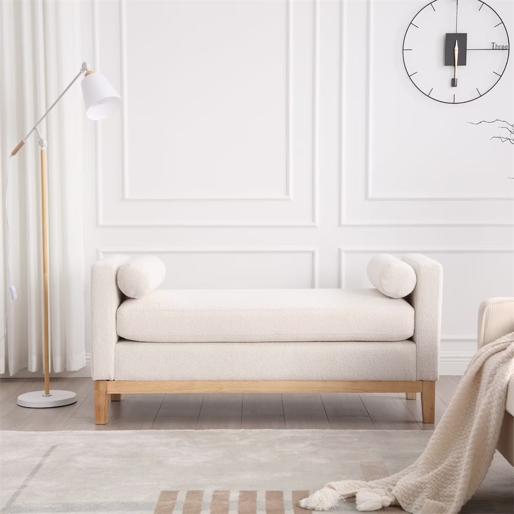 53.5"W Elegant Upholstered Bench with Wood Legs Round Pillows,Comfy Boucle Fabric Footrest with Arms, Entryway Bench for End of Bed, Bedroom and Living Room, Ivory(Ivory)