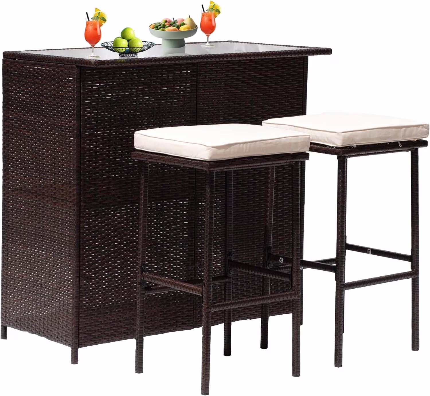 CL.HPAHKL Patio Bar Set, 3 Piece Outdoor Rattan Wicker Furniture Set with Glass Top Table & 2 Cushions Stools for Patios Backyards Porches Gardens Poolside, Khaki