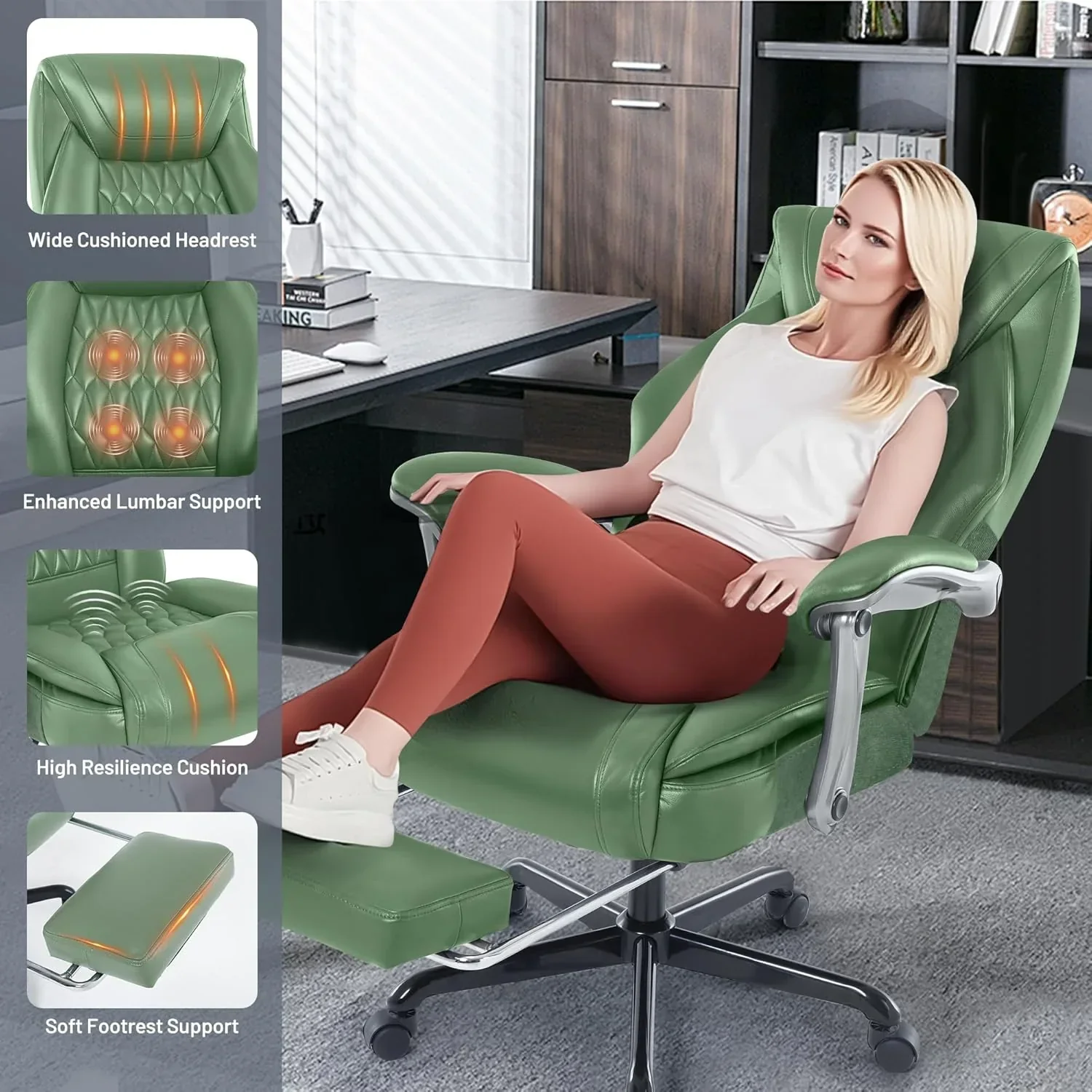 Fauteuil de bureau massant avec chauffage et repose-pieds, fauteuil de bureau ergonomique inclinable de direction