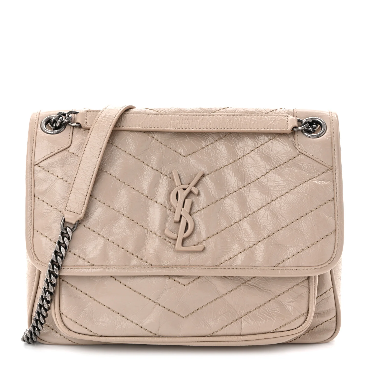 Crinkled Calfskin Matelasse Monogram Medium Niki Chain Satchel Light Natural