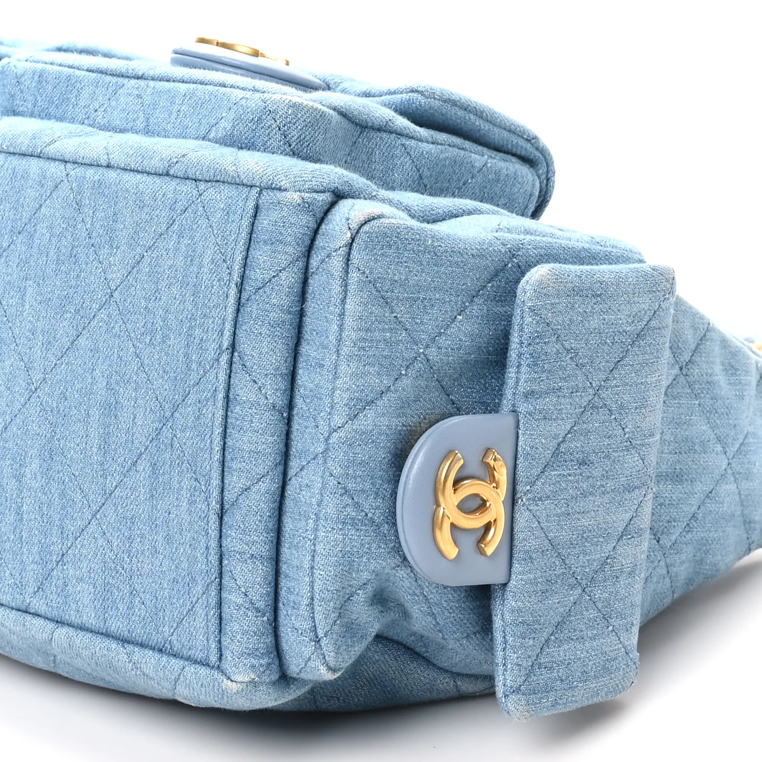 Washed Denim Quilted Large Trendy Pockets Hobo Blue