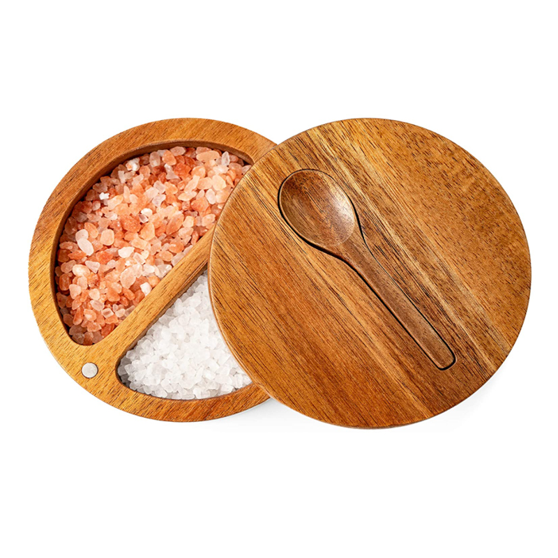 Acacia Salt Box Divided with Magnetic Swivel - 2-Compartment Wooden Spice Cellar