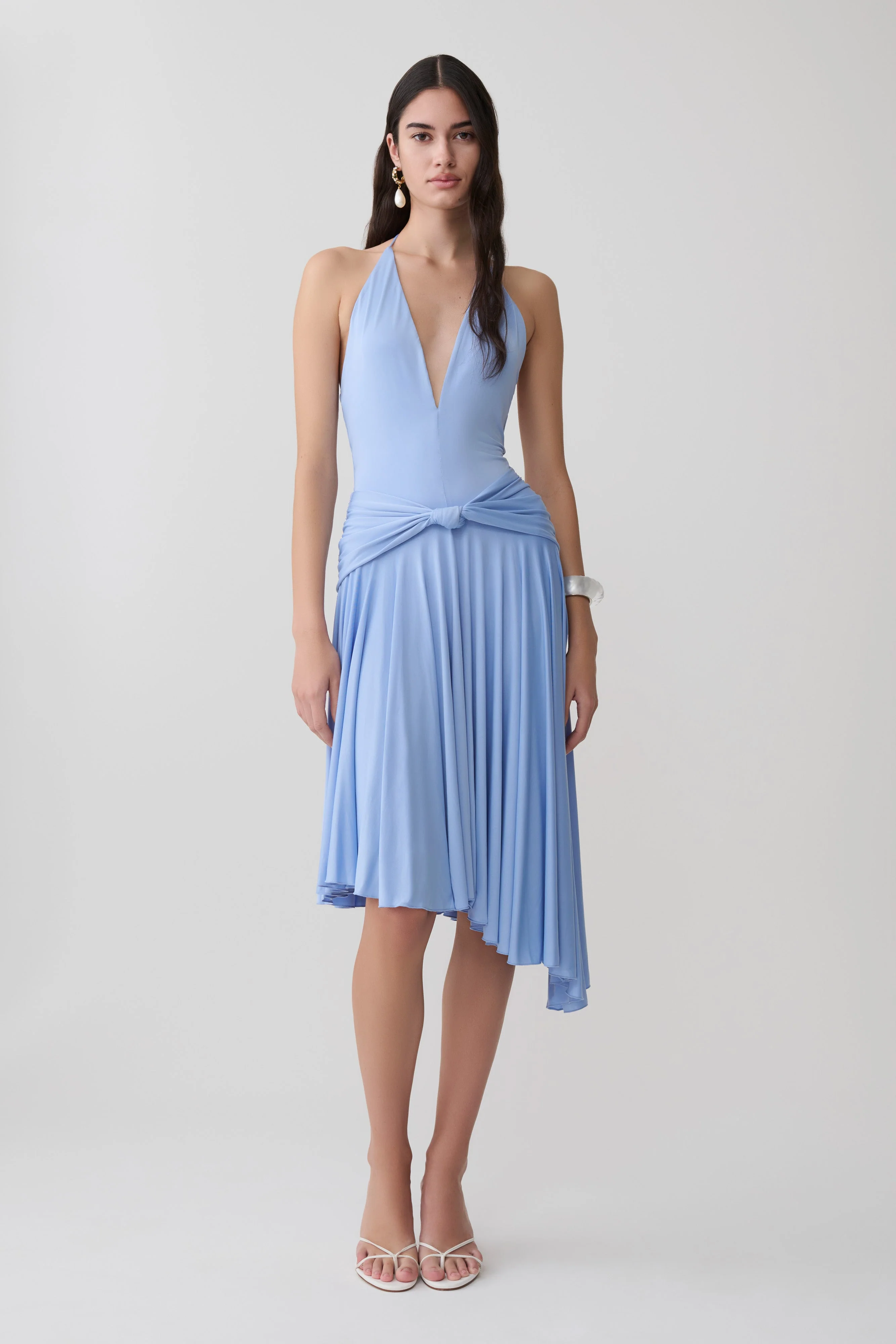 Zelda Asymmetric Slinky Midi Dress - Cornflower Blue