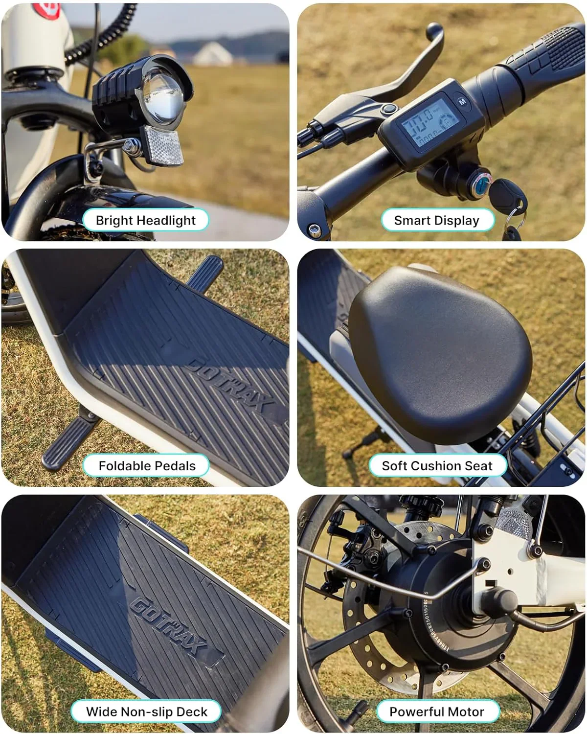 Trottinette électrique Gotrax pour adultes avec siège, autonomie maximale de 30 à 40 km, pneus tout-terrain, larges pédales