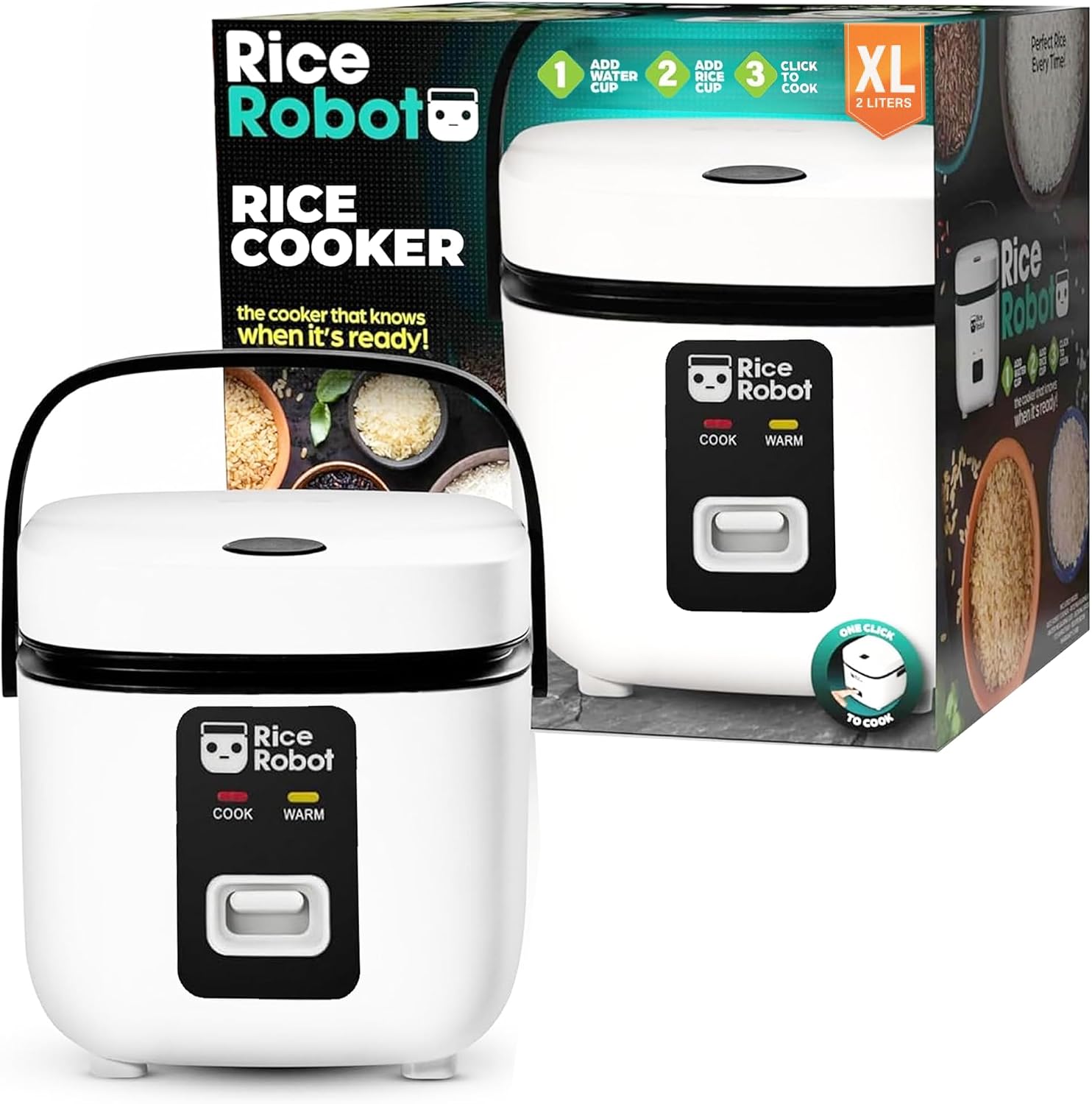 Rice Robot Personal Rice Cooker, PFAS-free, Nonstick1 Quart Capacity, with Stainless Steel Steamer Tray, Measuring Cups, Recipe Book with 60 Recipes, and Serving Spoon, As Seen On TV