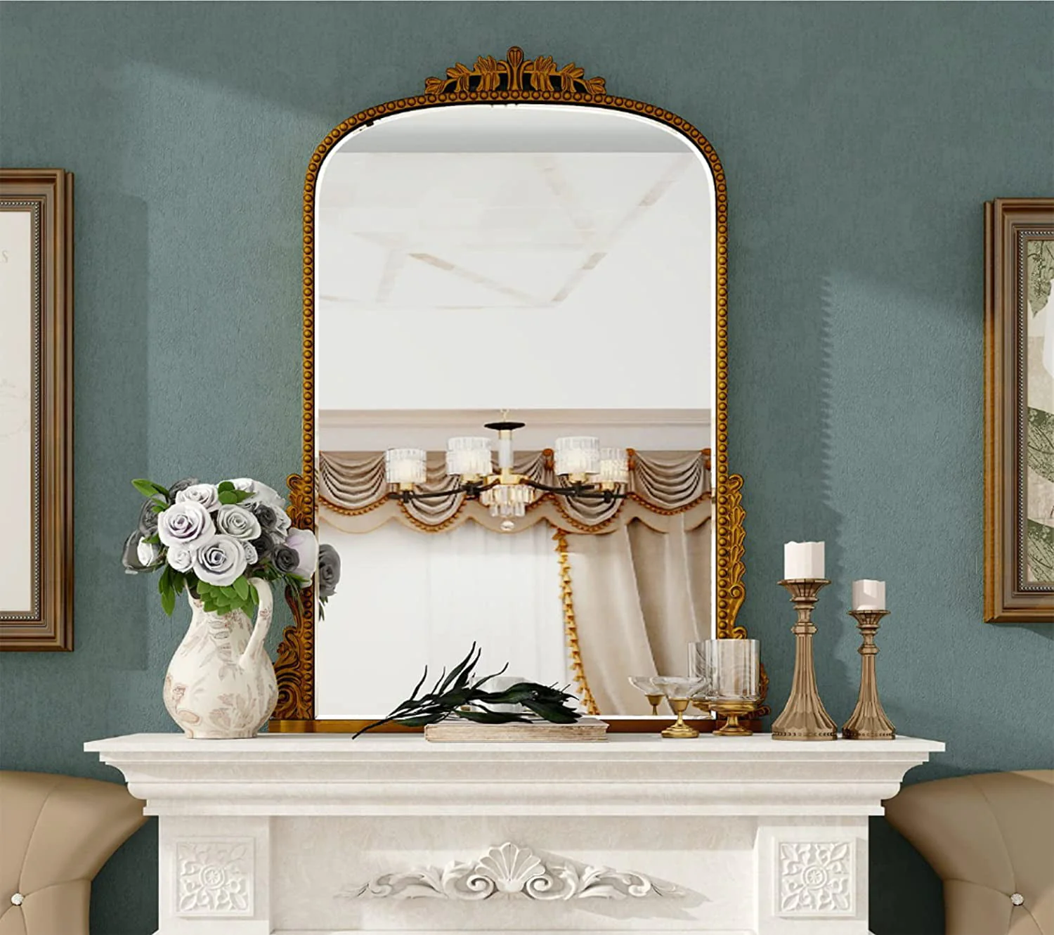 Traditional Baroque Arch Wall Mirror Antique Gold Mirror Wall Decor for Living Room Home 31 5" x 23 6'' Image 9