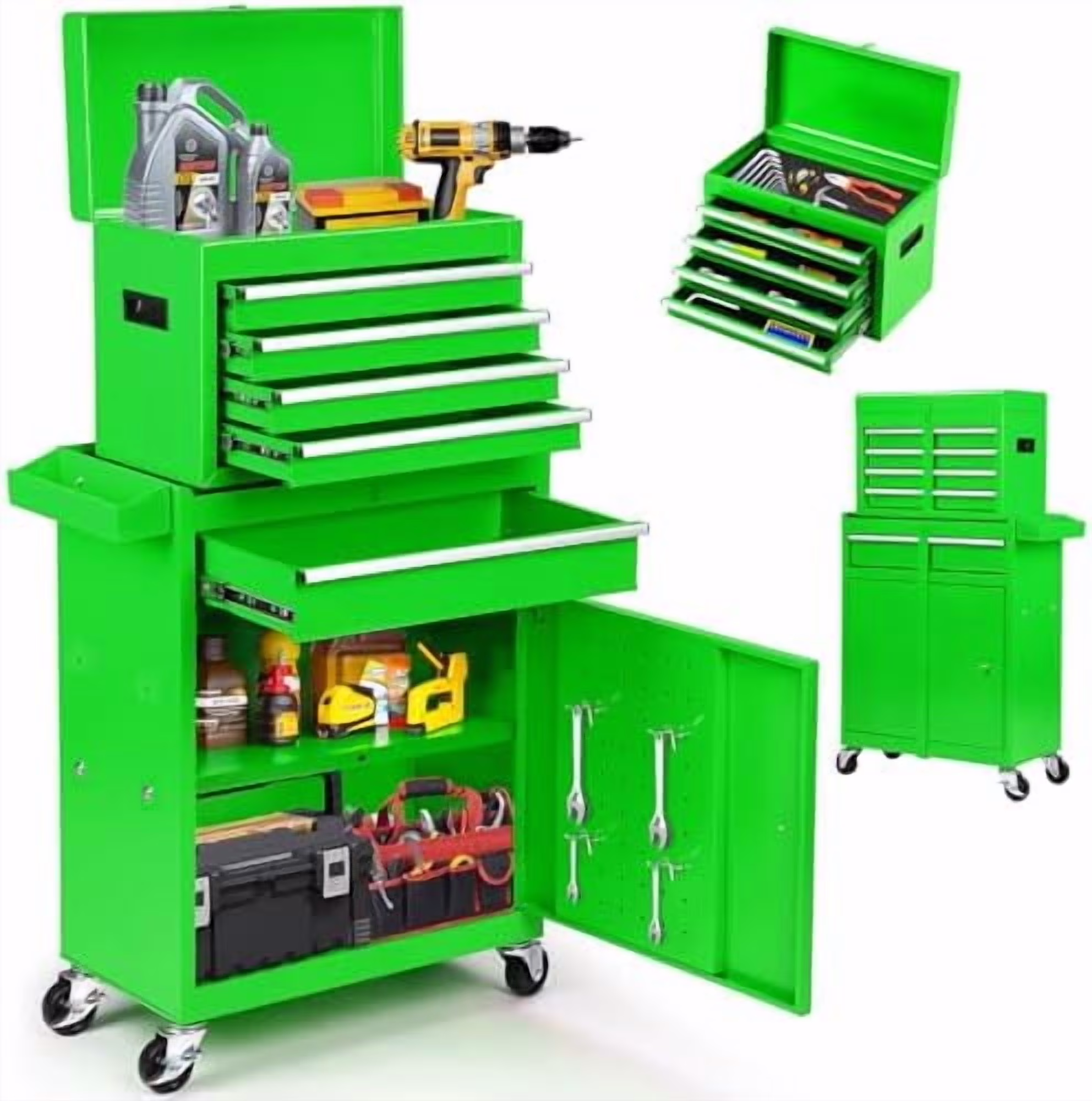 5-Drawer Rolling Tool Chest �C 2-in-1 Lockable Tool Box with Wheels, Sliding Drawers & Detachable Top �C Garage & Workshop Storage Cabinet, Green