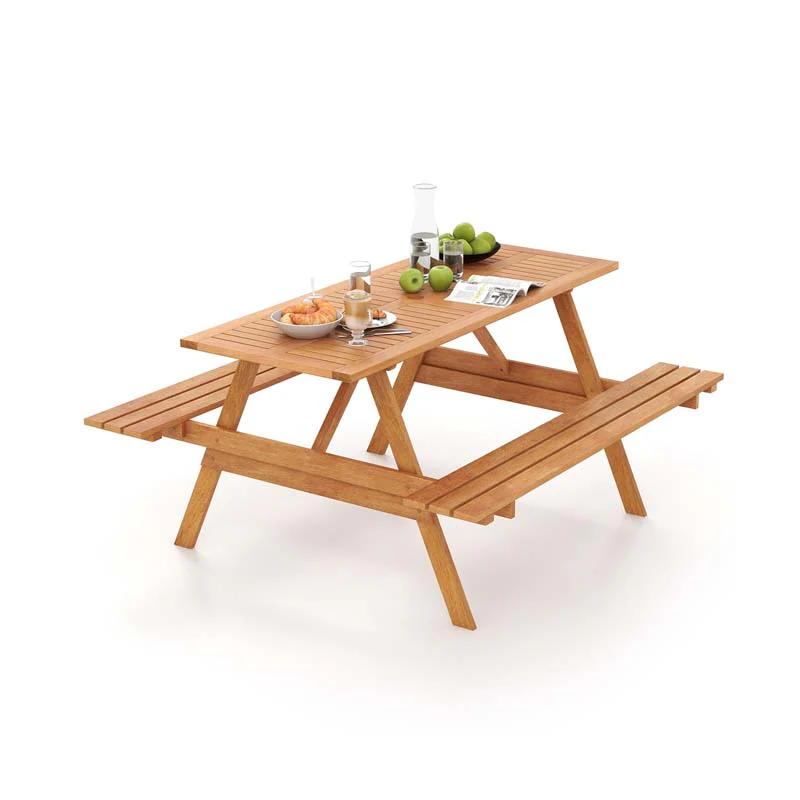 6-Person Rectangle Picnic Table with 2 Built-in Benches, Hardwood Outdoor Picnic Table Bench Set with 2-Inch Umbrella Hole