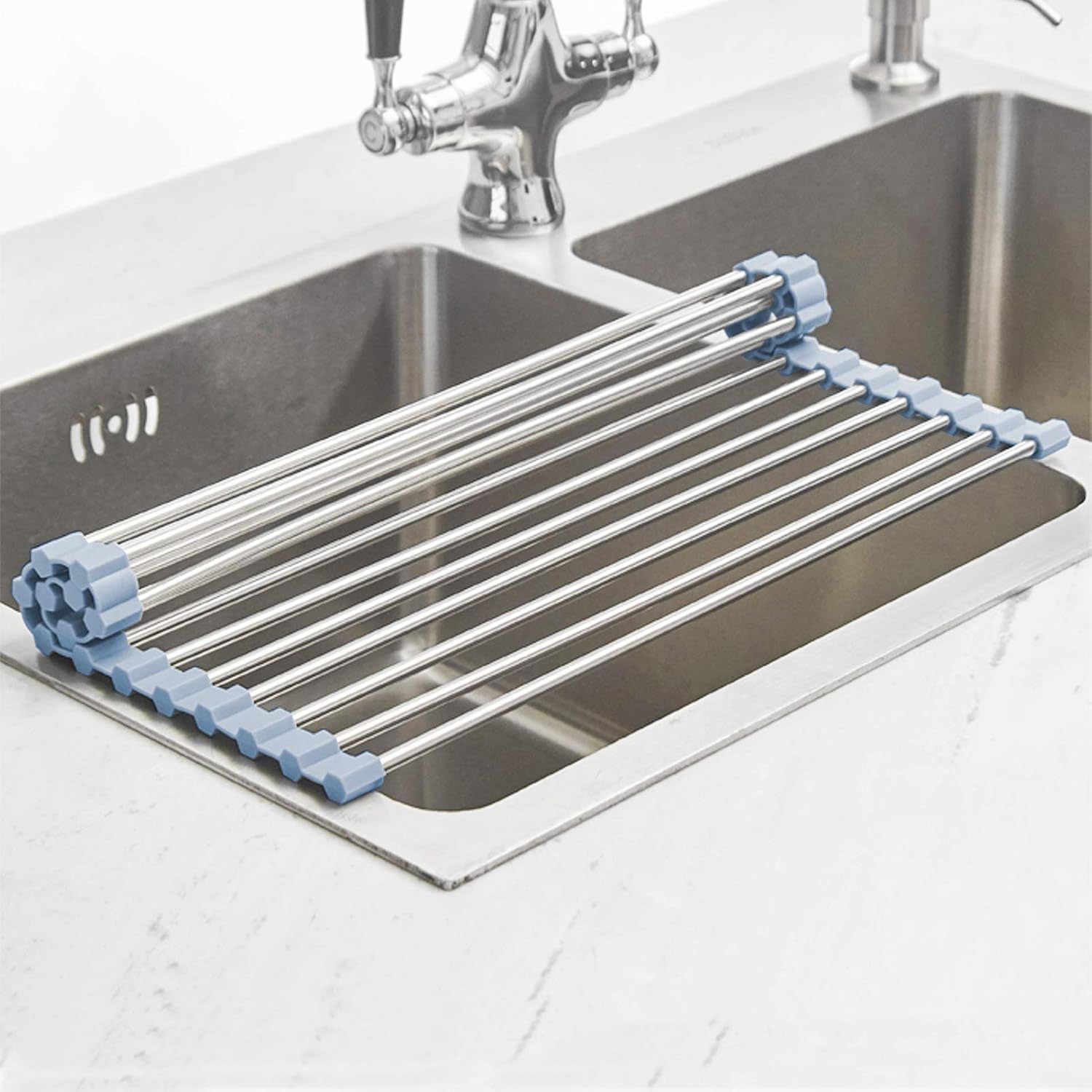 MECHEER Over The Sink Dish Drying Rack, Roll Up Dish Drying Rack Kitchen Dish Rack Stainless Steel Sink Drying Rack, Foldable Dish Drainer, 17.5''x11.8''