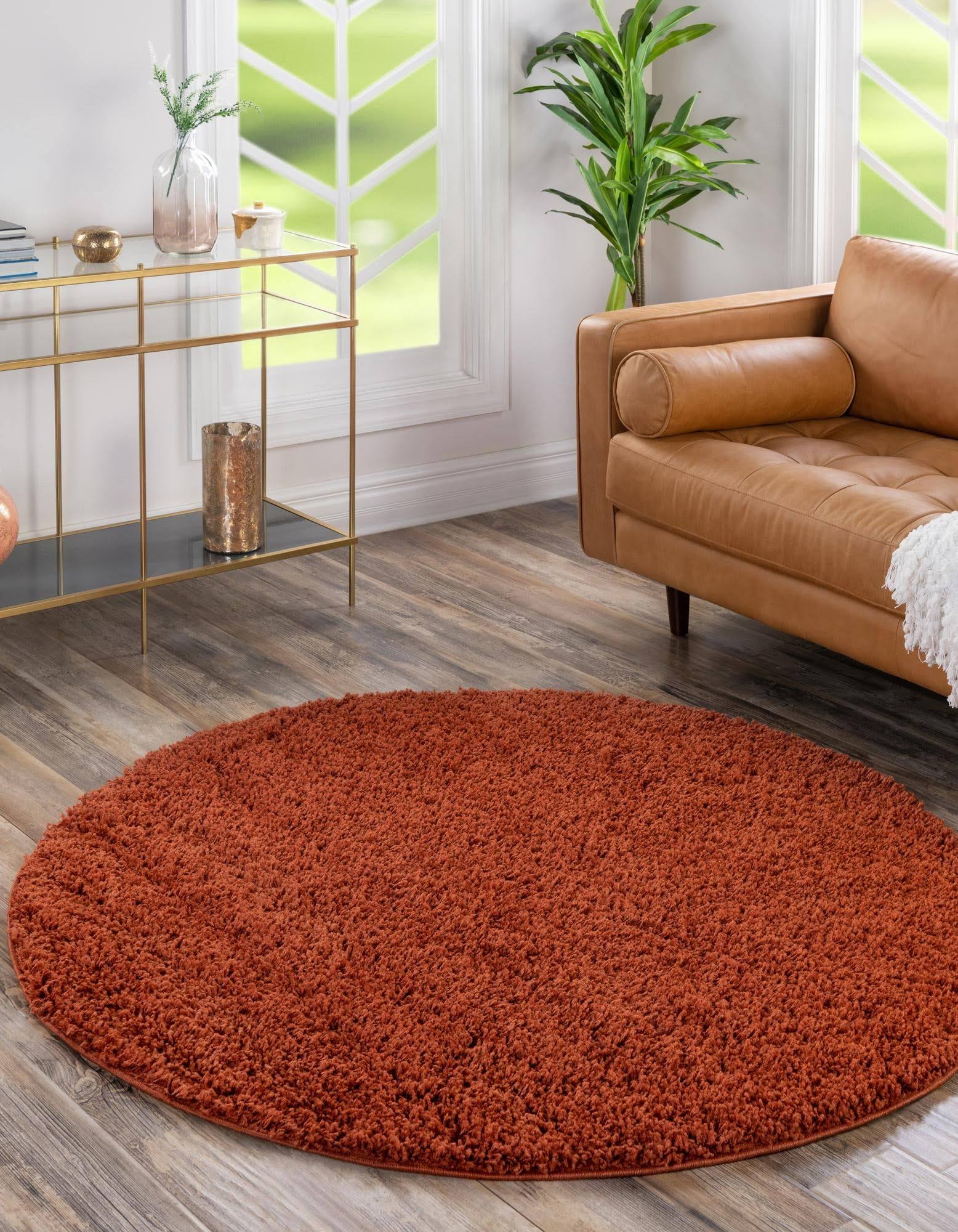 Unique Loom Solid Shag Terracotta 5 ft Round Area Rug