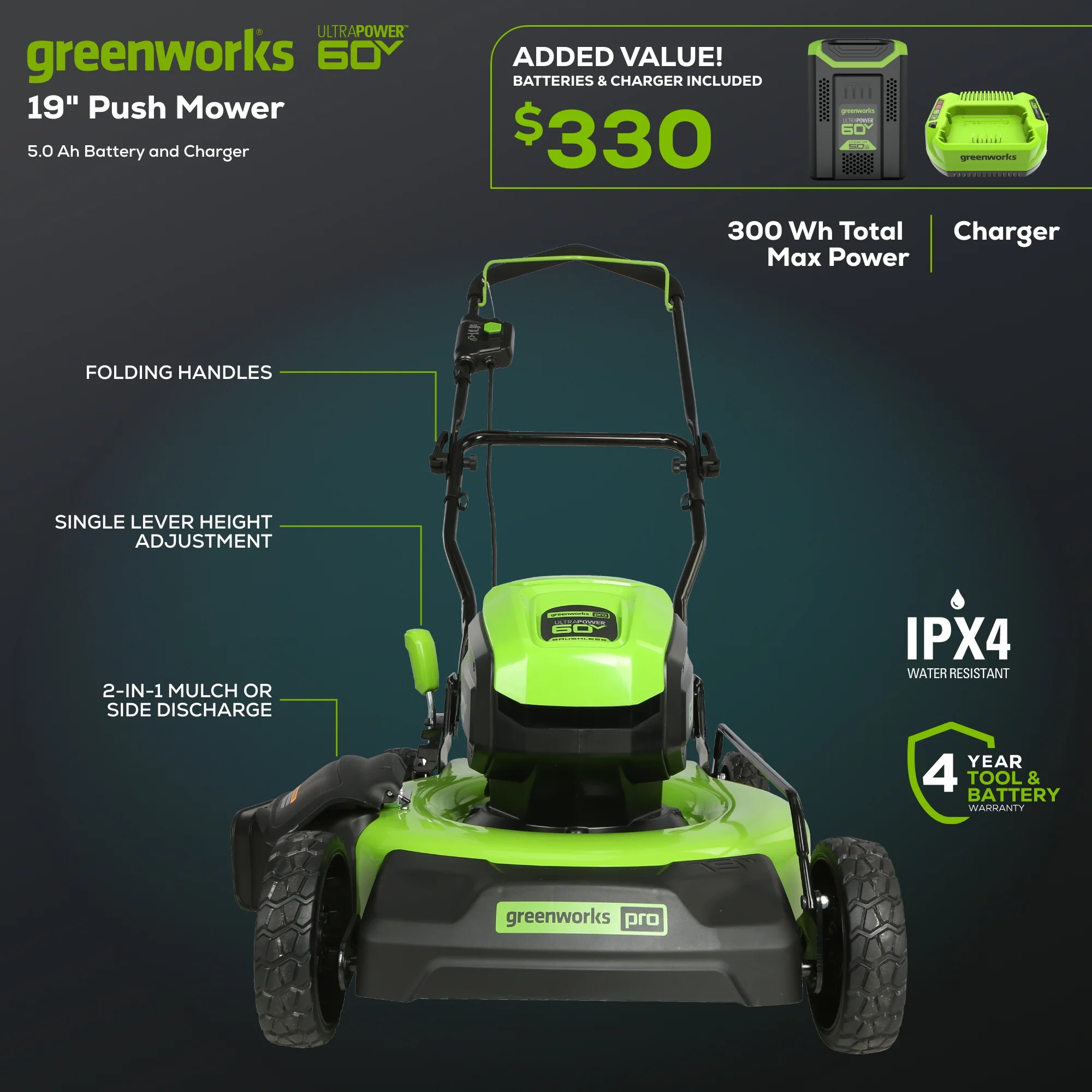 60V 19" Cordless Battery Push Lawn Mower with 5.0Ah Battery Charger 2531802 - Image 2