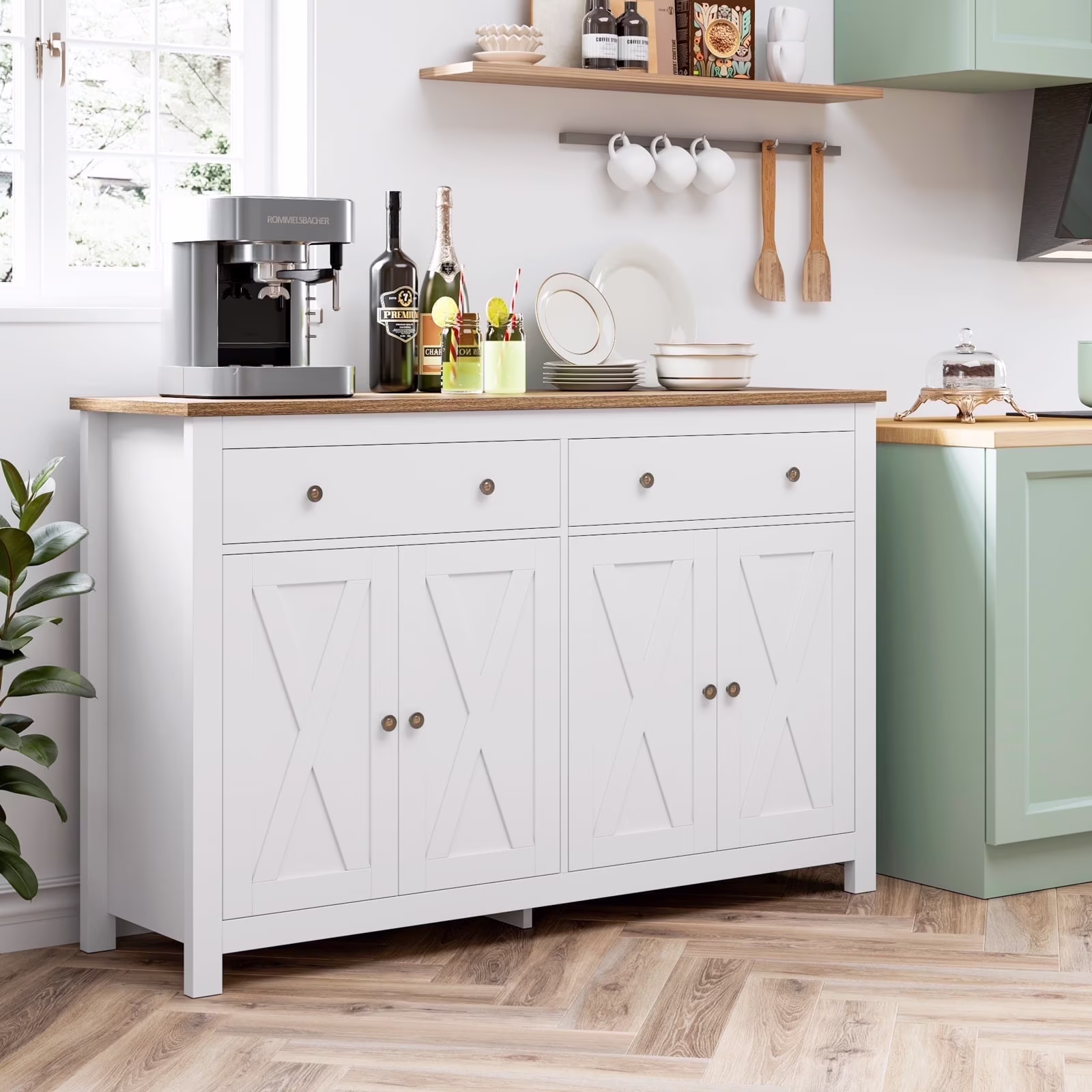 55.1'' W Farmhouse Storage Cabinet, 4-Doors 2-Drawers Wood Sideboard with Adjustable Shelves for Kitchen Dining Room, White(White)