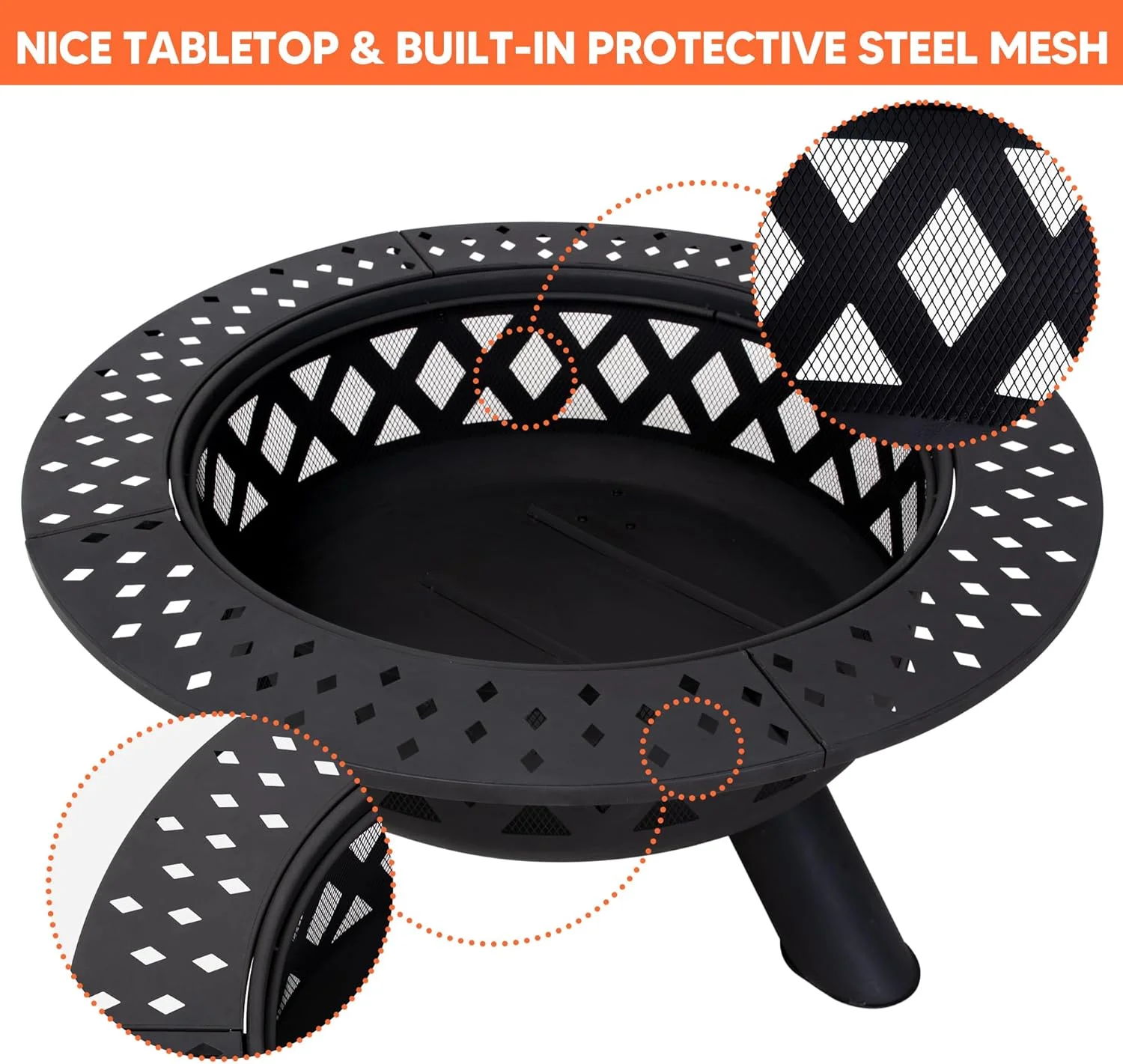 42" Large Outside Fire Pit, Round Fire Pit Wood Burning with Widened Tabletop, Spark Screen, Fire Poker, Phombus Pattern(42' Phombus Pattern) - Image 5