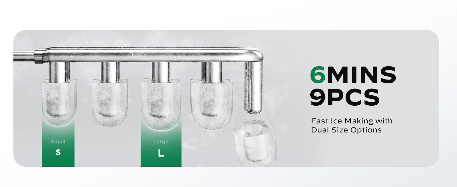 ice making with dual size options: 6 mins, 9 pcs