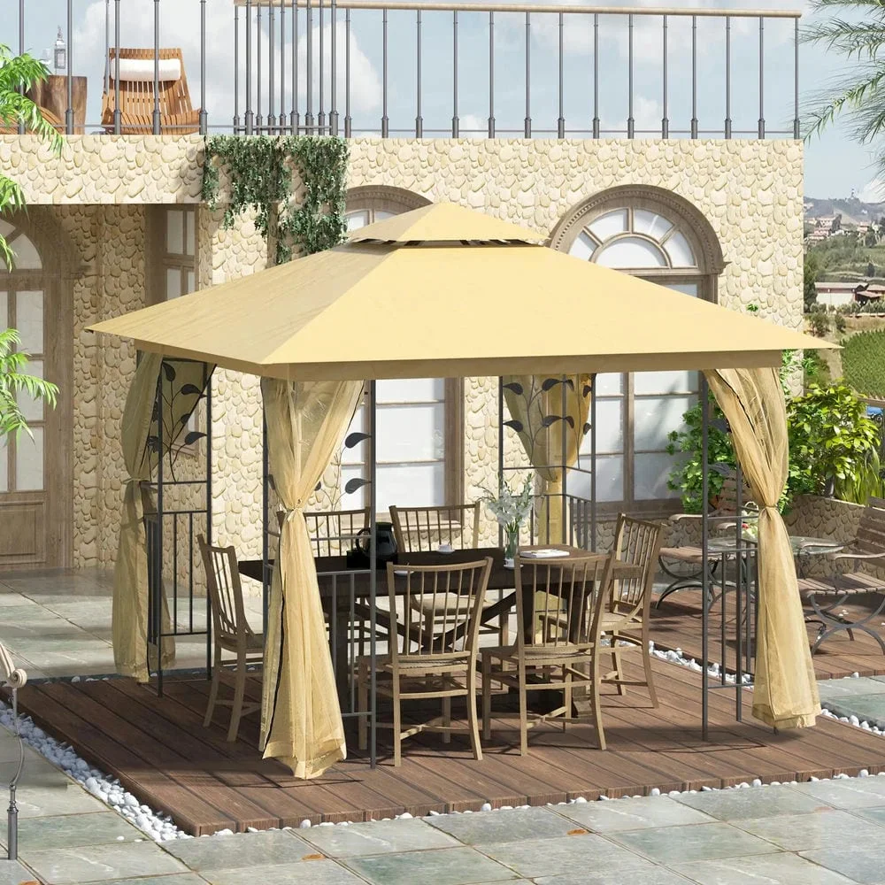 GVN Patio Garden Pergola, Pergola Canopy,10' x 10' Double Roof Outdoor Gazebo Canopy Shelter with Netting,Beige