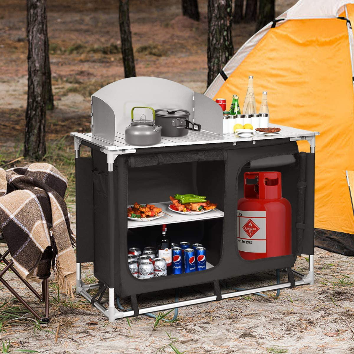 Camping Kitchen Table. Camping Grill Table w/Windscreen & Storage Organizer. Outdoor Kitchen Cook Station with Basin for BBQ. Party. Picnics. Backyards. BBQ Table