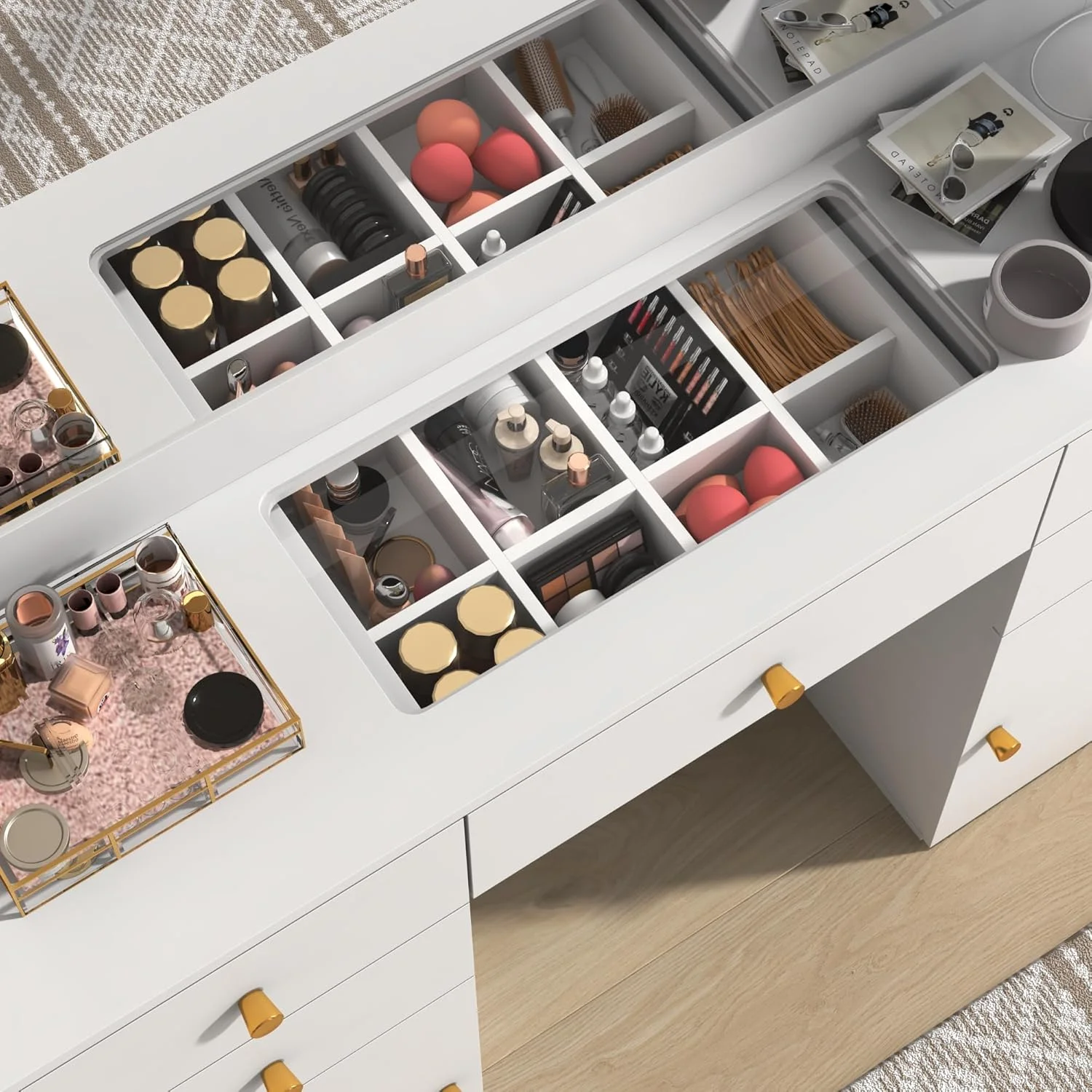 White Vanity Desk with Large Lighted Mirror Power Outlet, Makeup Vanity Table with Glass Top Drawers, Sliding Storage, 44.1" Large Makeup Vanity Table for Women Girls, White(White) - Image 6